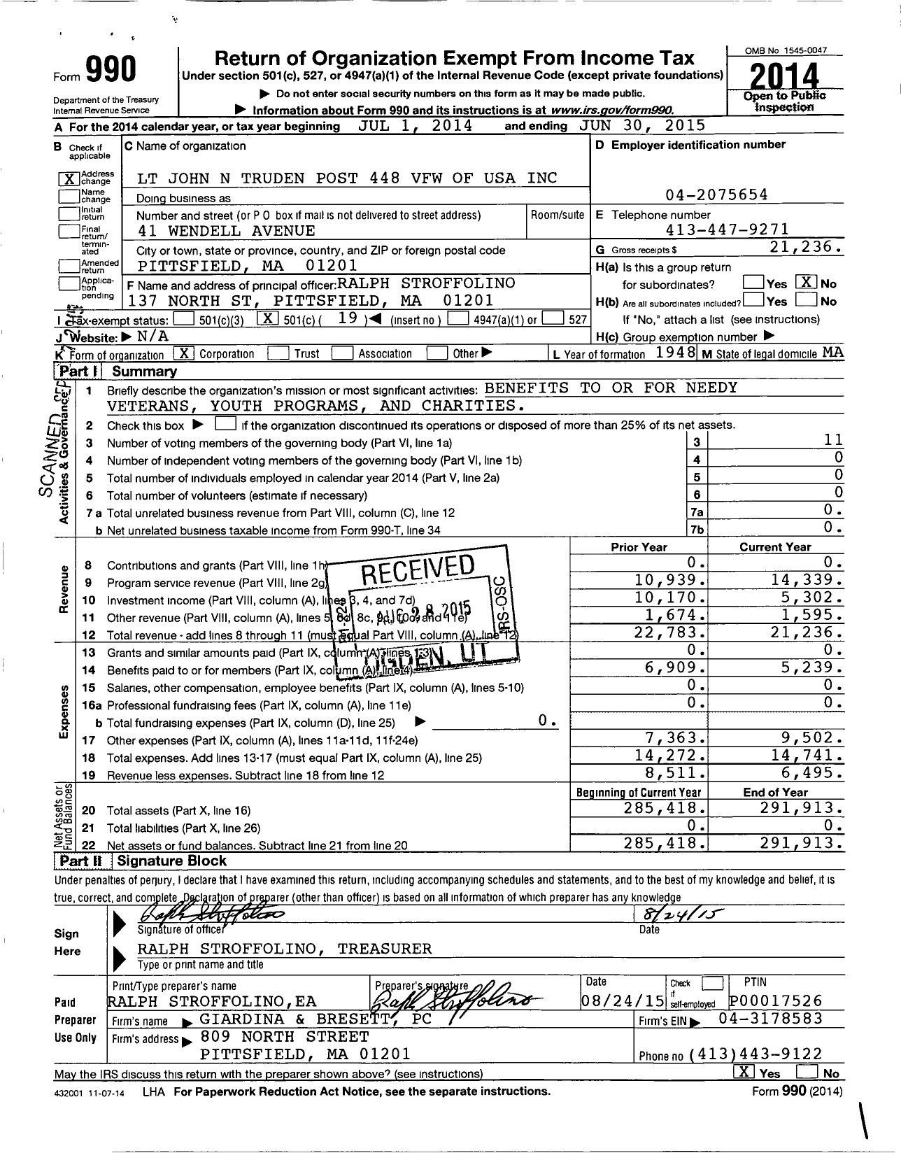 Image of first page of 2014 Form 990O for VFW Department of Massachusetts - 448 Vfw-Mass