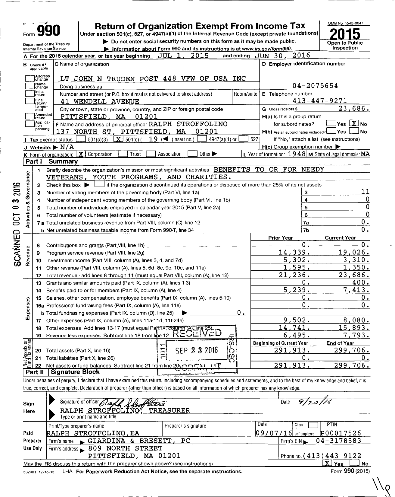 Image of first page of 2015 Form 990O for VFW Department of Massachusetts - 448 Vfw-Mass