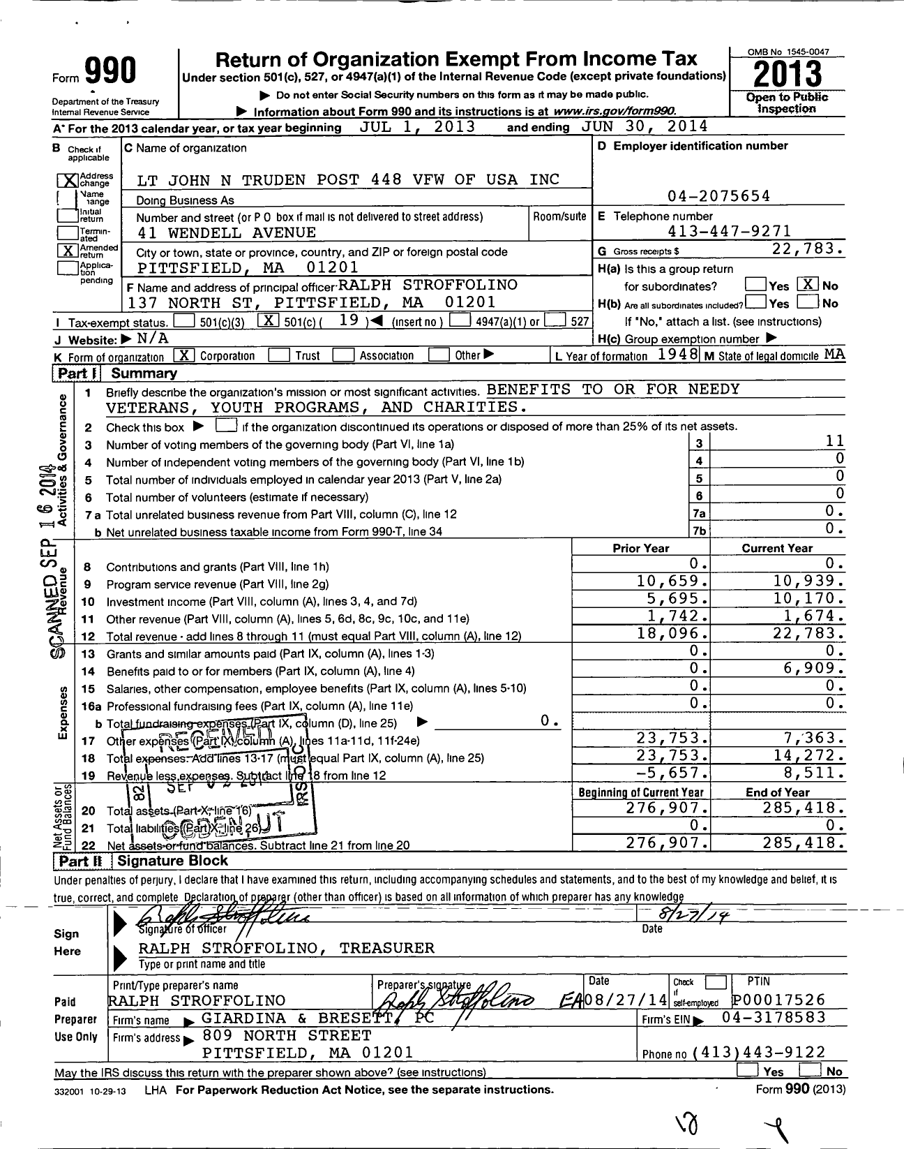 Image of first page of 2013 Form 990O for VFW Department of Massachusetts - 448 Vfw-Mass