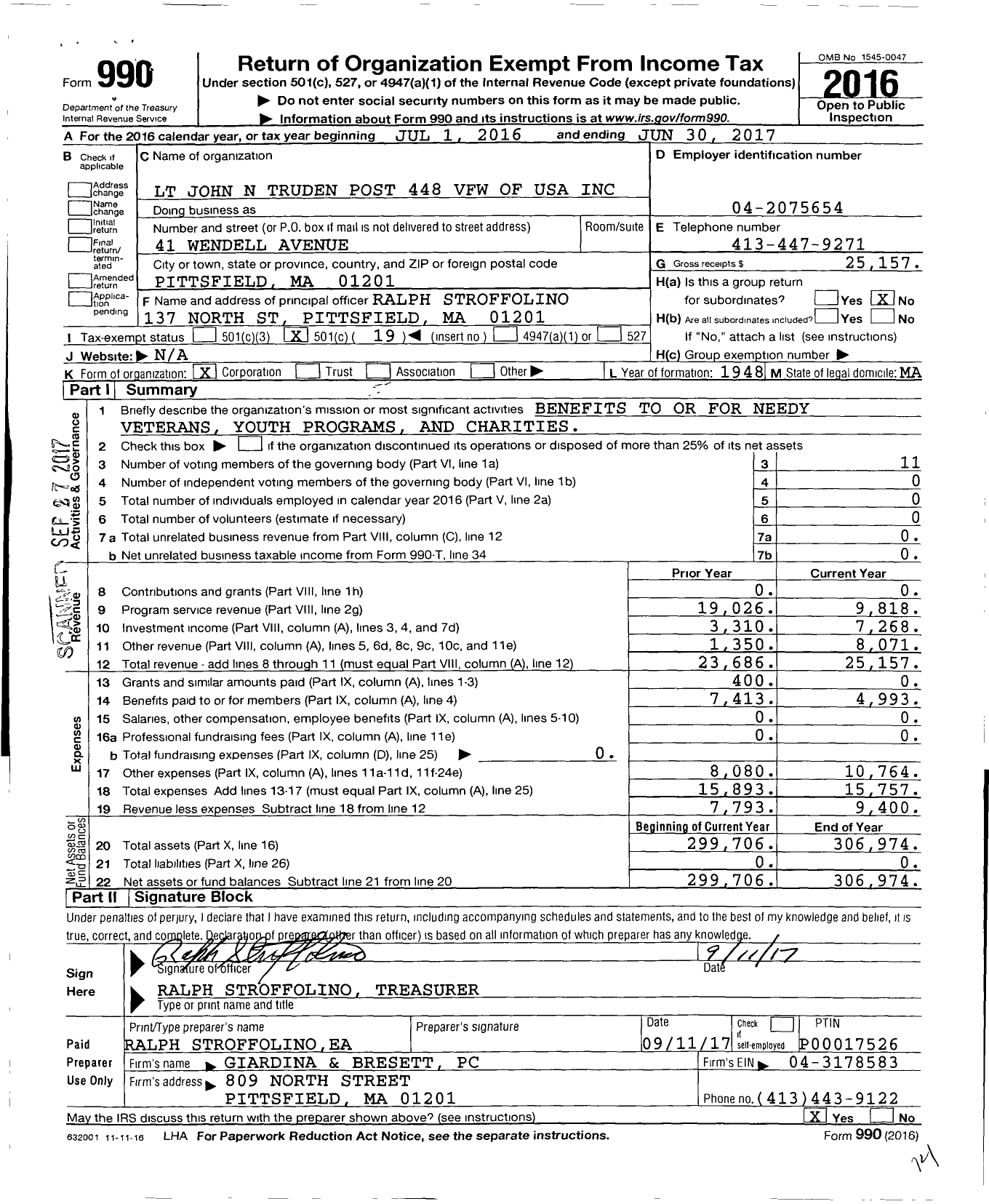 Image of first page of 2016 Form 990O for VFW Department of Massachusetts - 448 Vfw-Mass