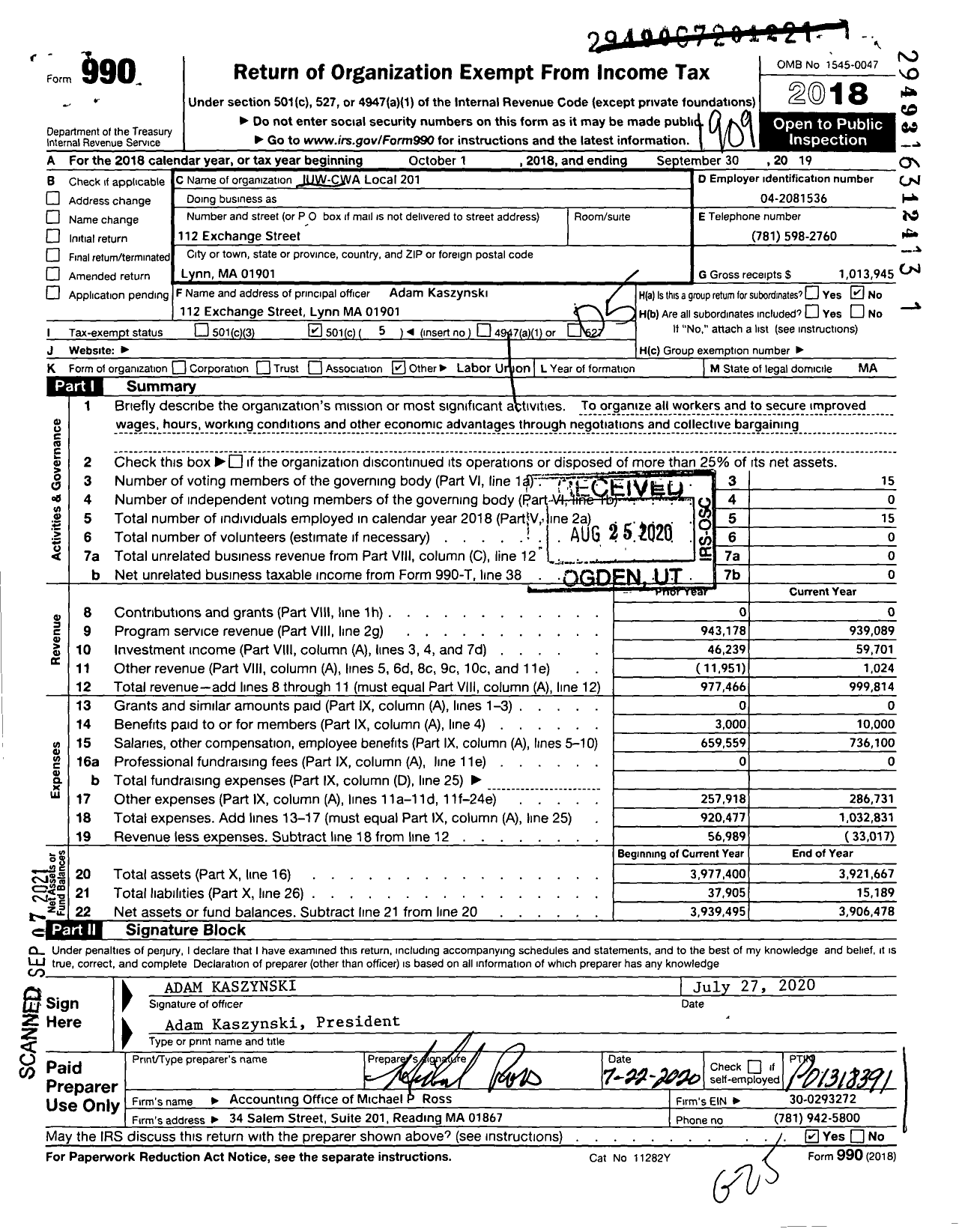 Image of first page of 2018 Form 990O for Communications WORKERS OF AMERICA - 81201 Local