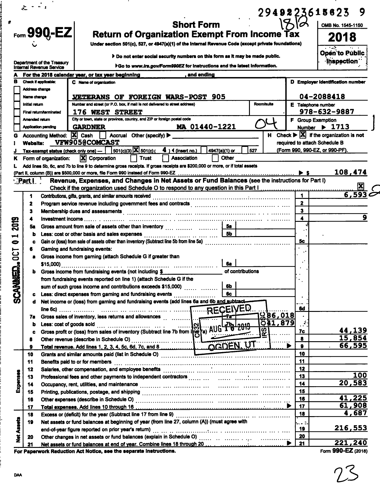 Image of first page of 2018 Form 990EO for VFW Department of Massachusetts - 905 Vfw-Mass
