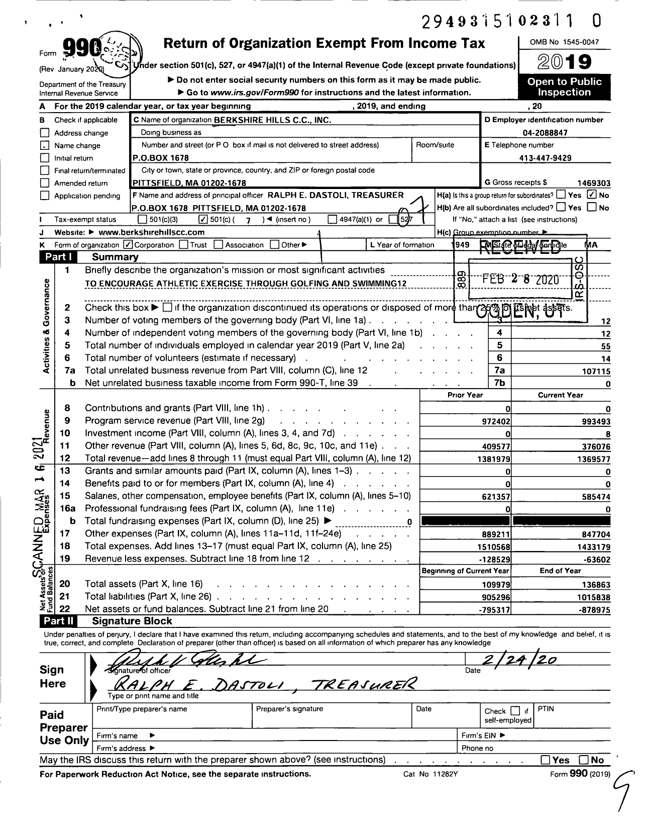 Image of first page of 2019 Form 990O for Berkshire Hills CC