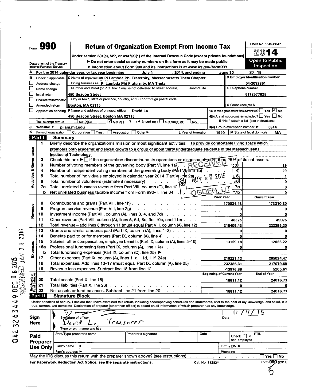 Image of first page of 2014 Form 990O for Pi Lambda Phi Fraternity - 014 Chapter Massachusetts Theta