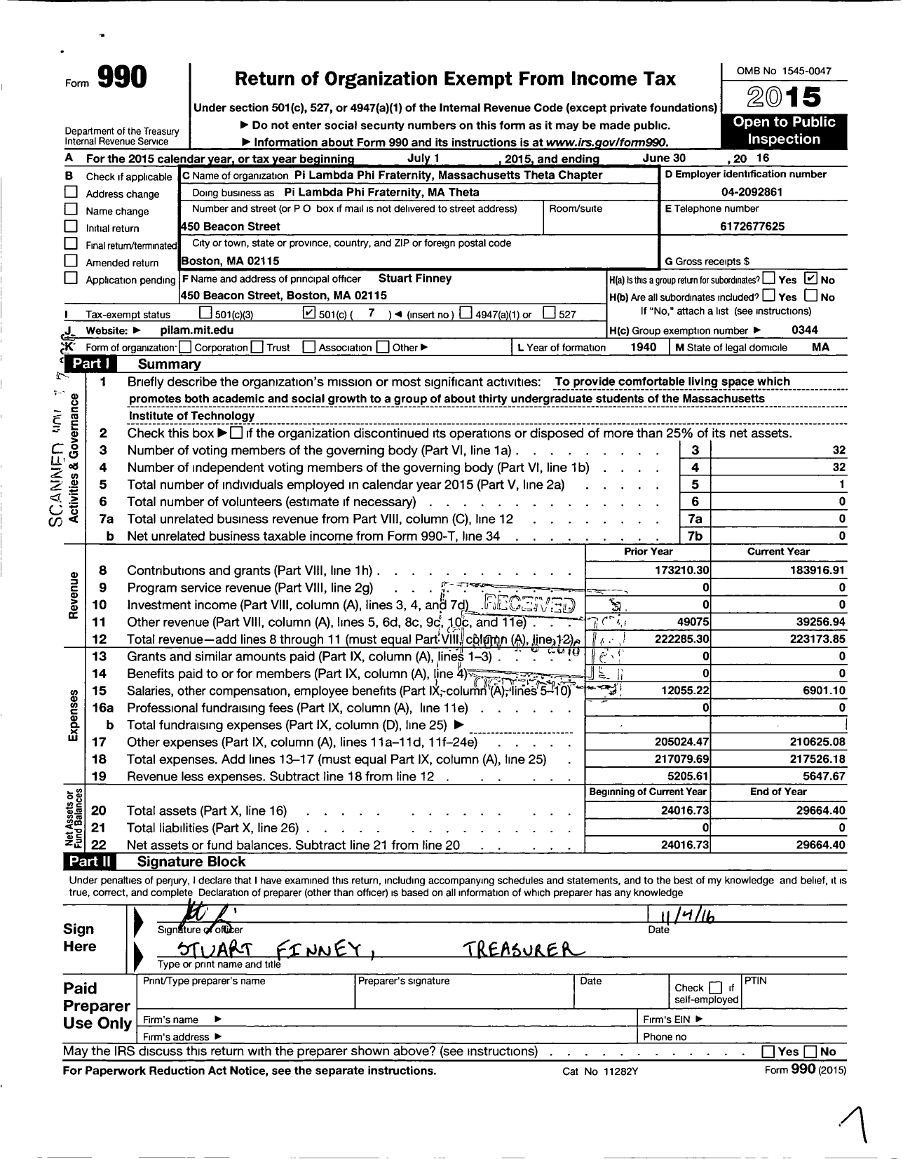 Image of first page of 2015 Form 990O for Pi Lambda Phi Fraternity - 014 Chapter Massachusetts Theta