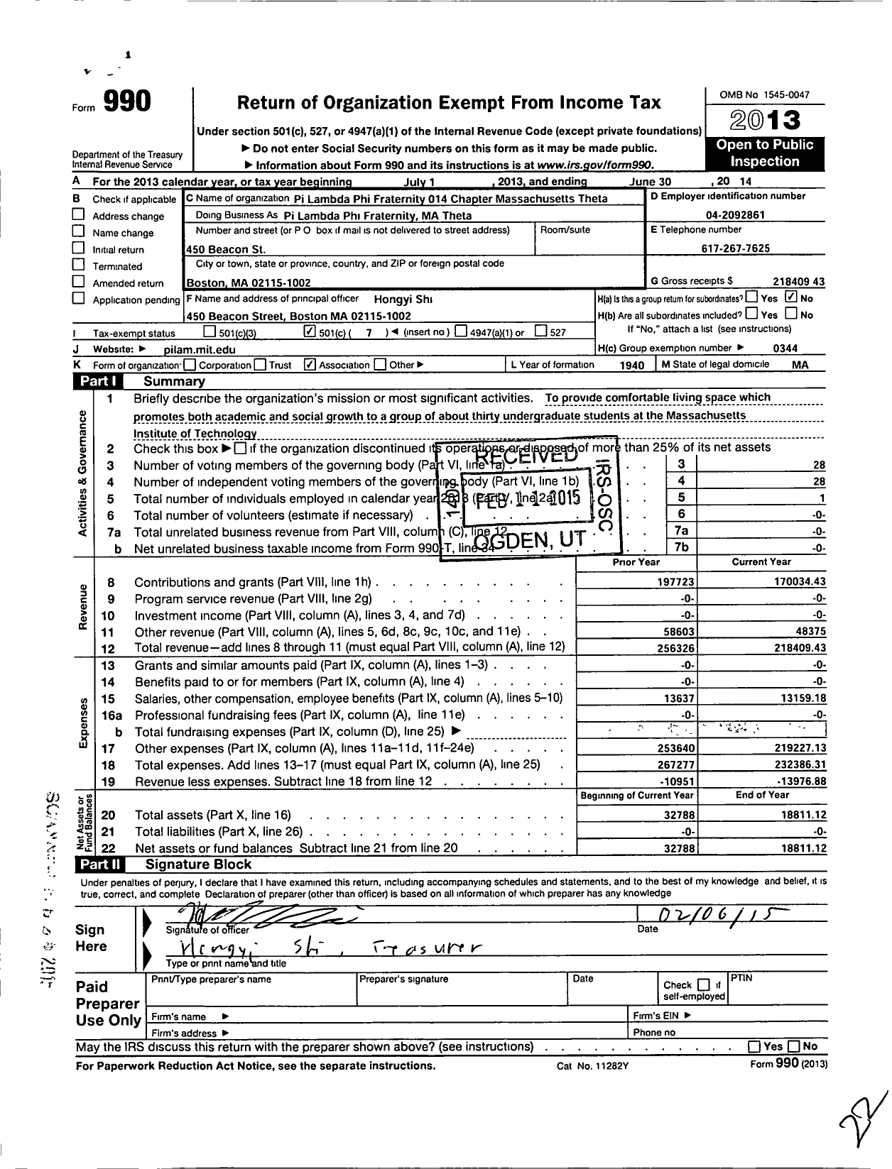 Image of first page of 2013 Form 990O for Pi Lambda Phi Fraternity - 014 Chapter Massachusetts Theta