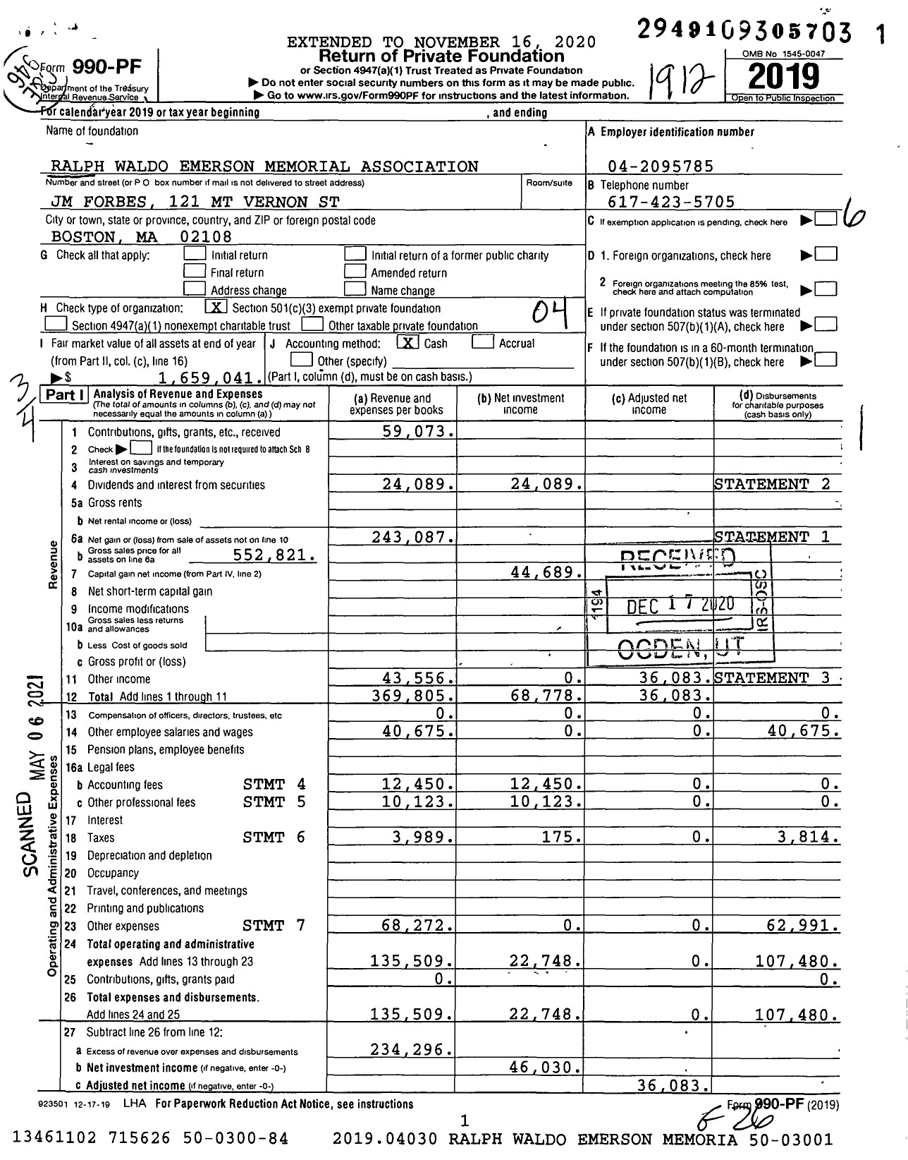 Image of first page of 2019 Form 990PF for Ralph Waldo Emerson Memorial Association