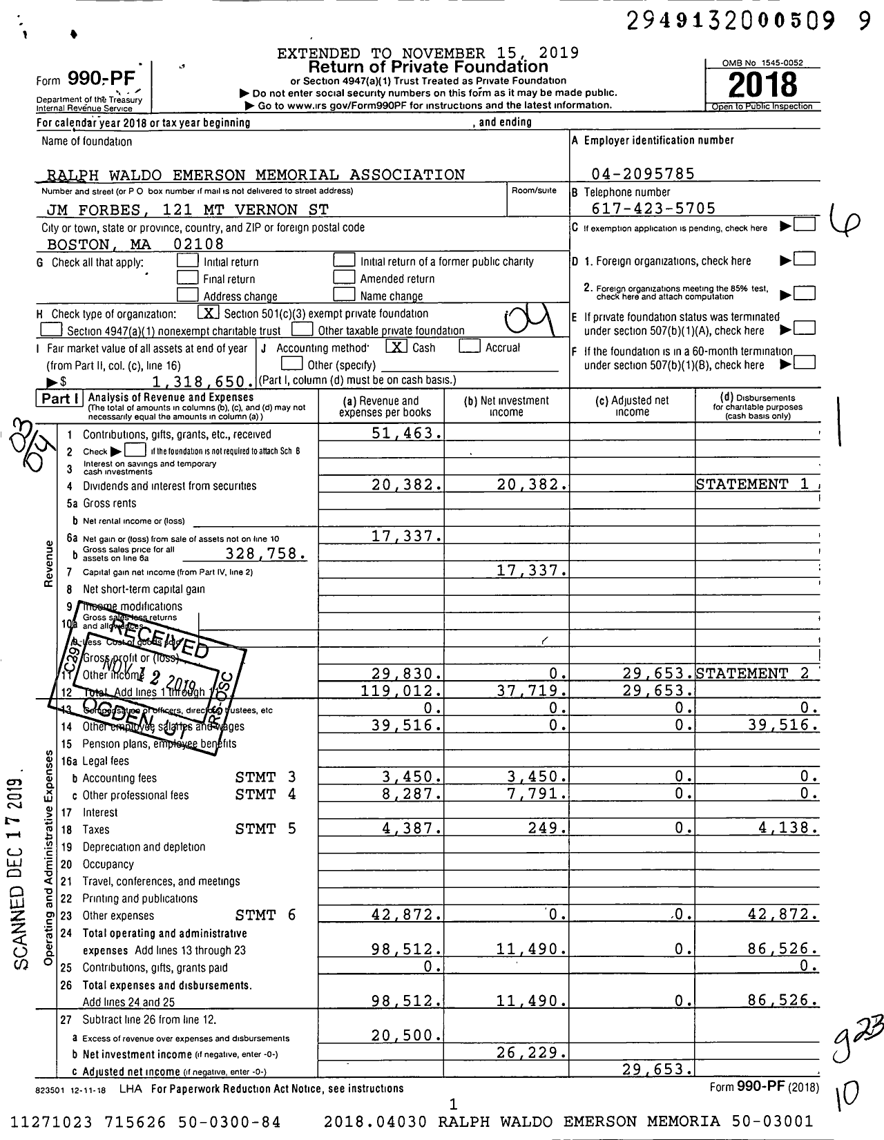 Image of first page of 2018 Form 990PF for Ralph Waldo Emerson Memorial Association