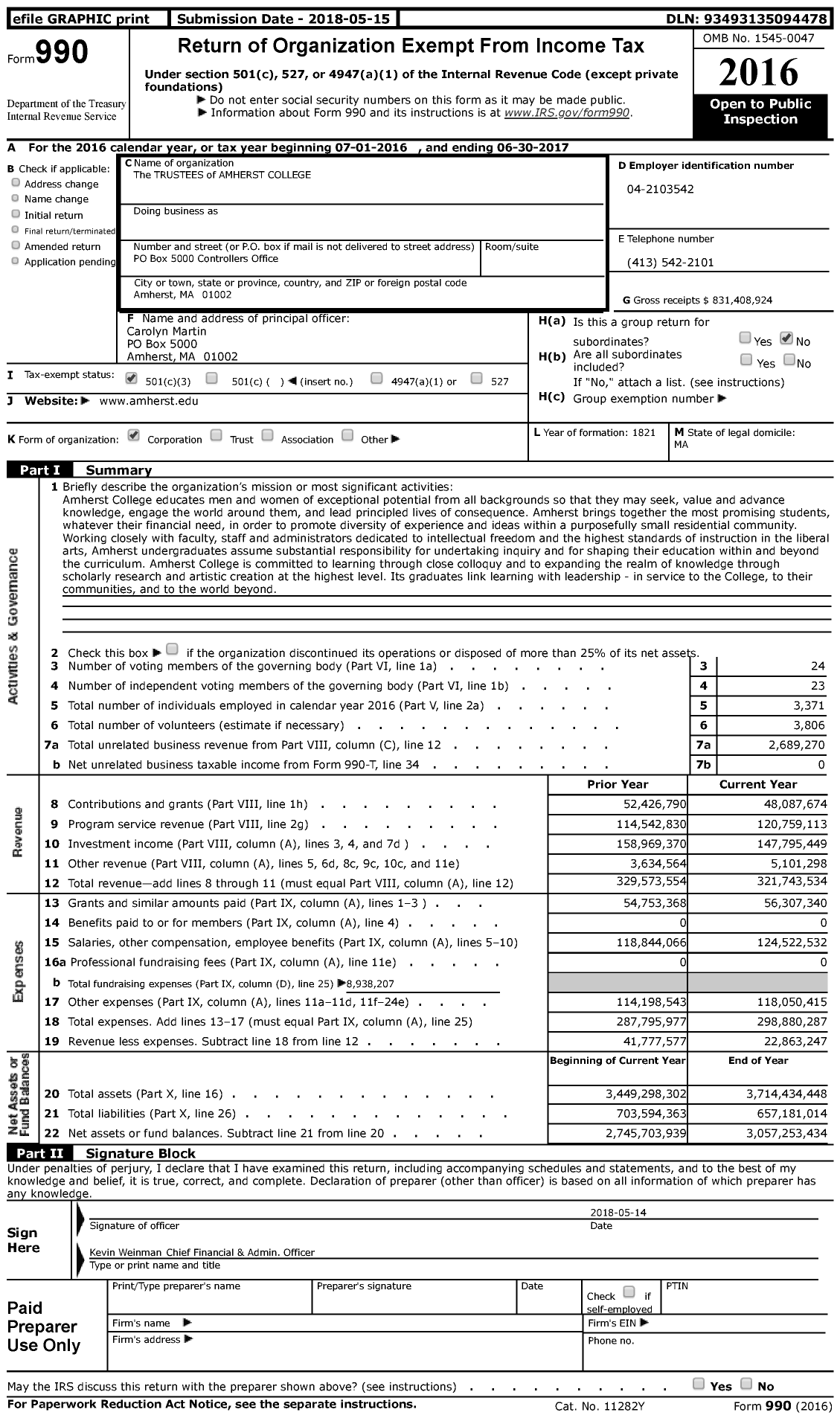 Image of first page of 2016 Form 990 for AMHERST COLLEGE Trustees