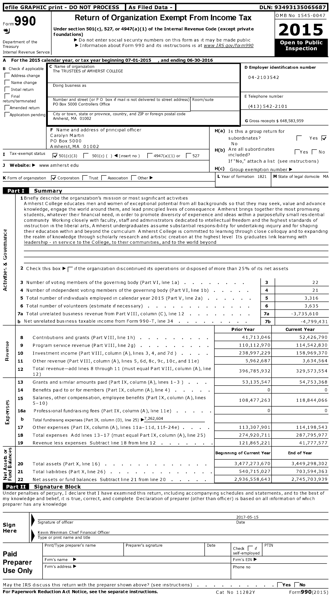 Image of first page of 2015 Form 990 for AMHERST COLLEGE Trustees