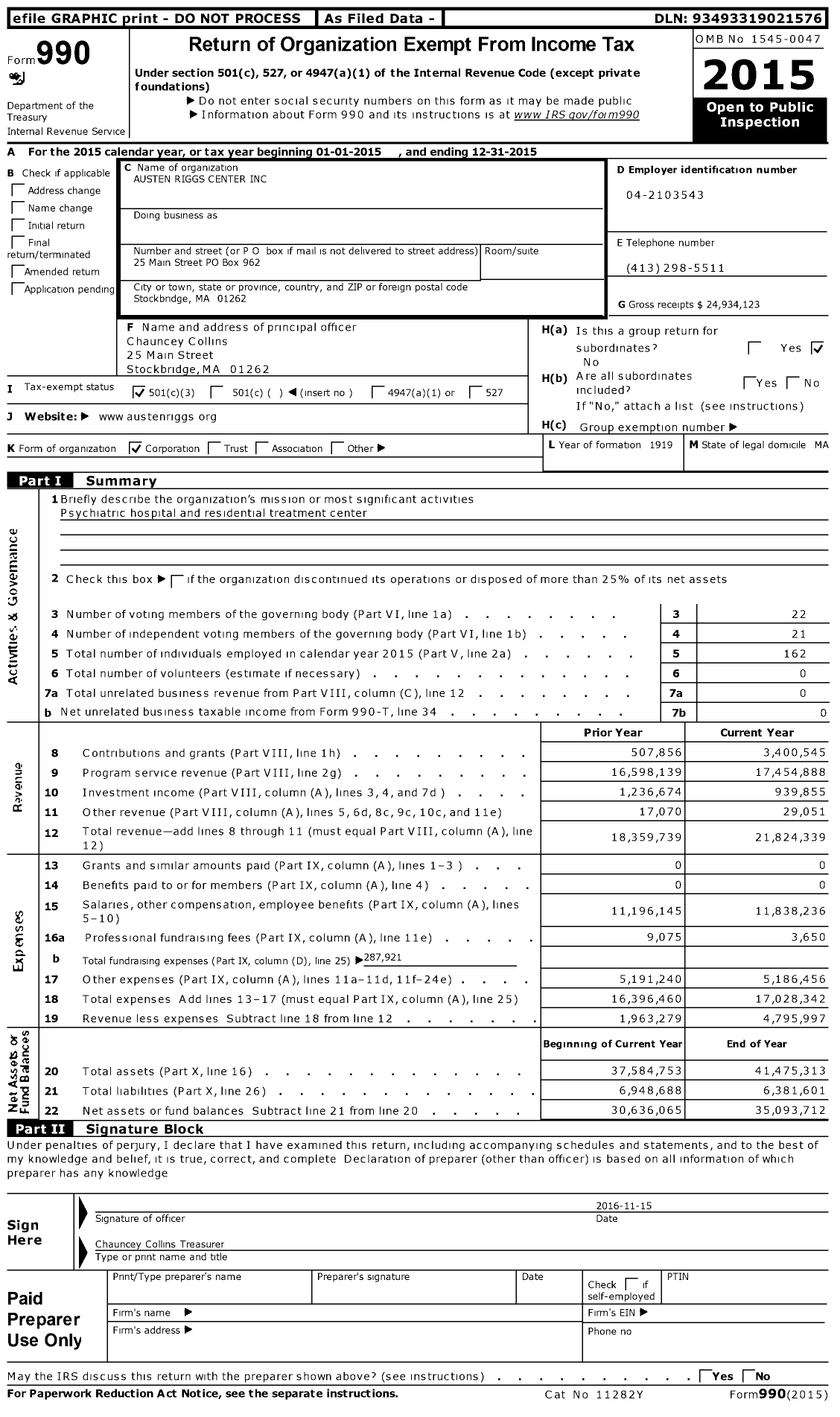Image of first page of 2015 Form 990 for Austen Riggs Center