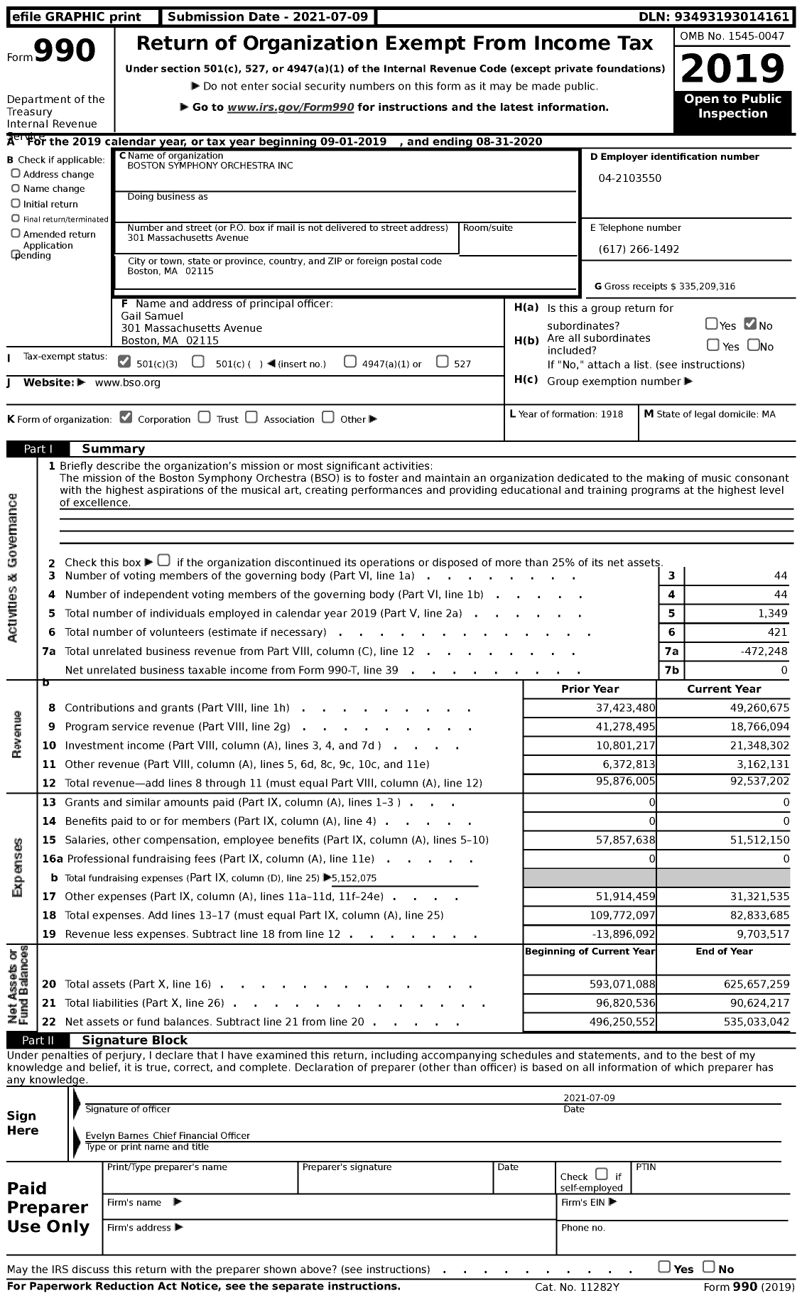 Image of first page of 2019 Form 990 for Boston Symphony Orchestra