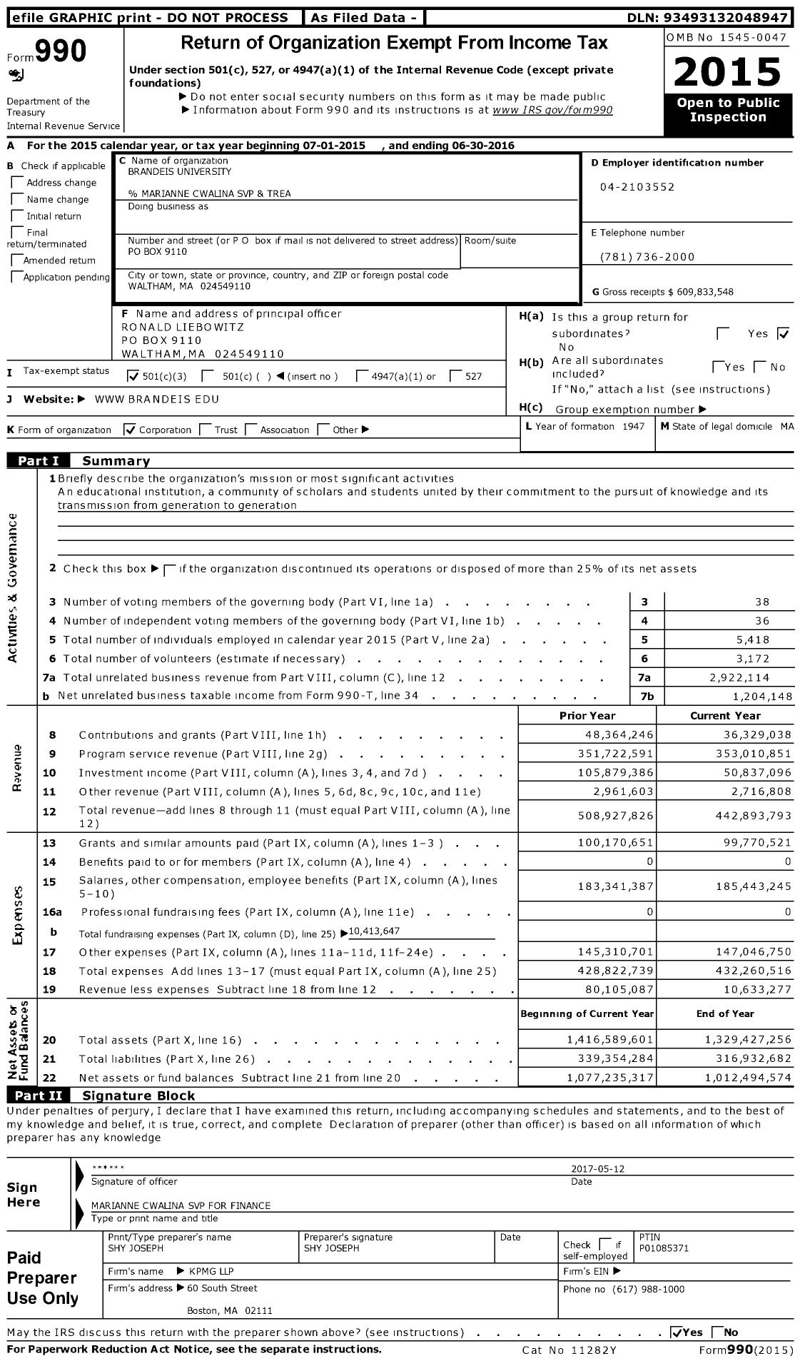 Image of first page of 2015 Form 990 for Brandeis University