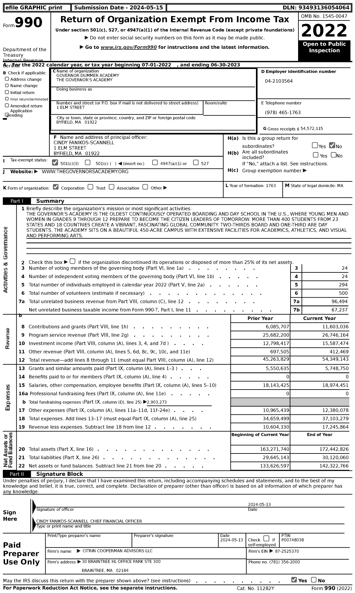 Image of first page of 2022 Form 990 for Governor Dummer Academy The Governor's Academy