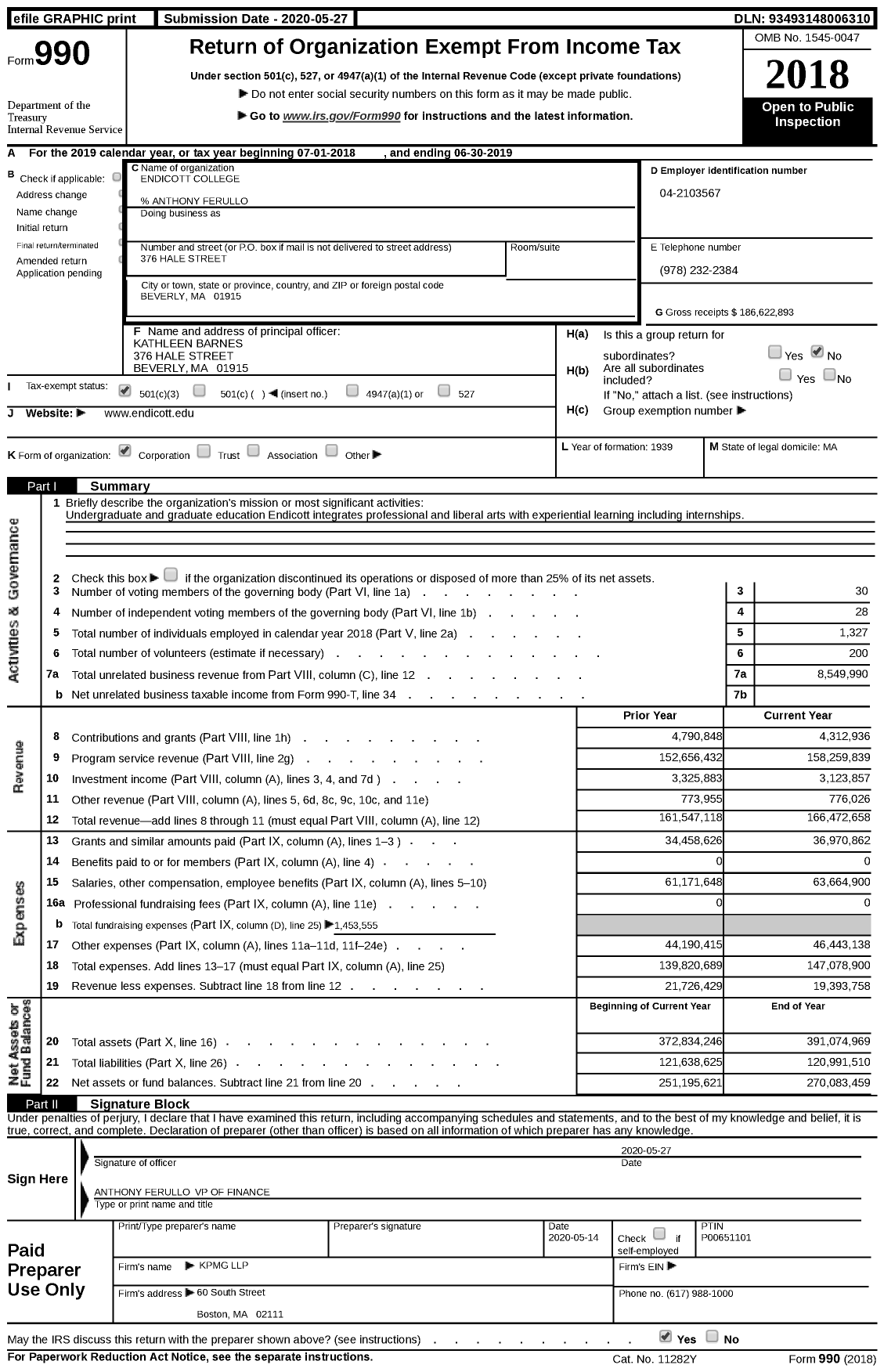 Image of first page of 2018 Form 990 for Endicott College