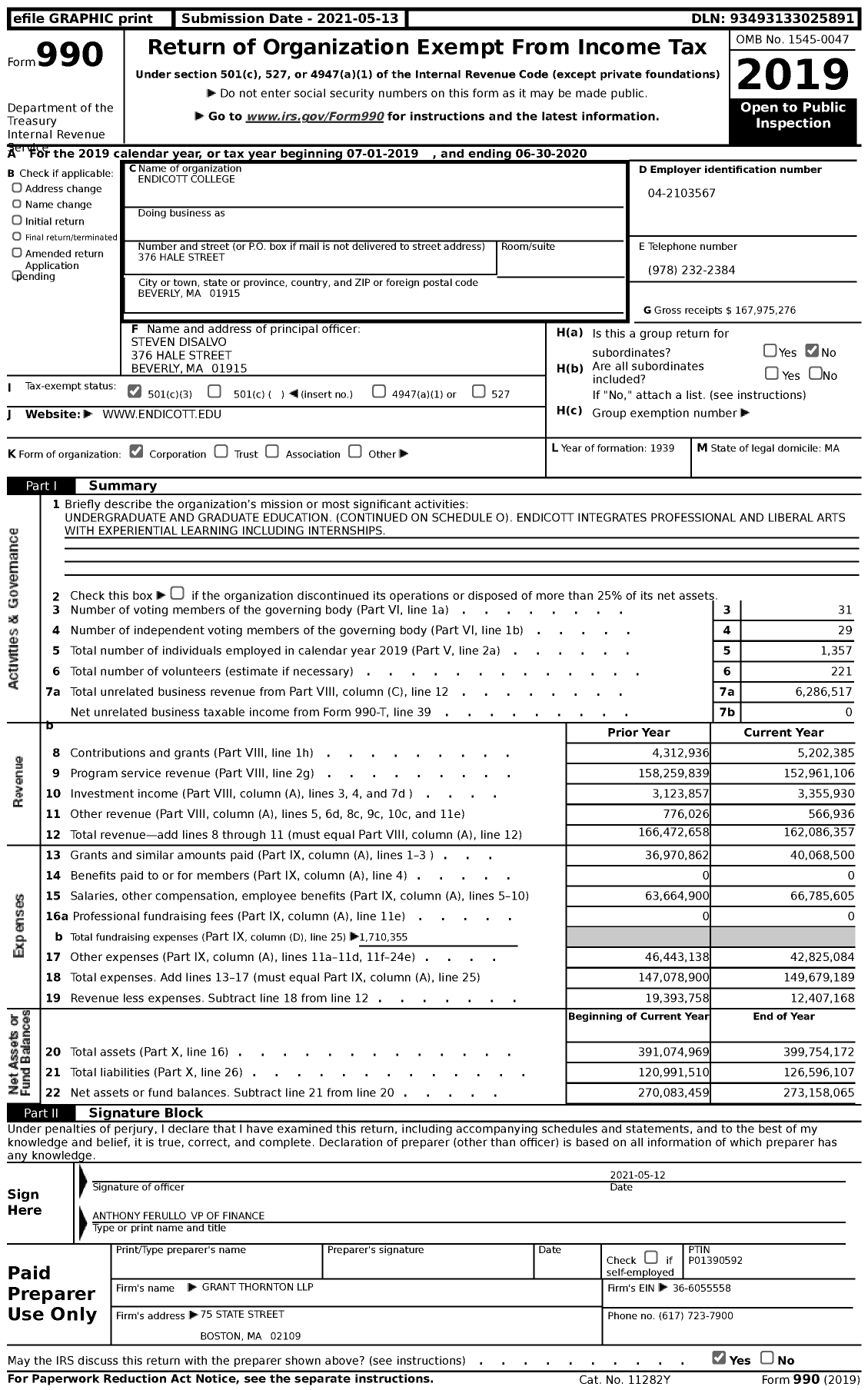 Image of first page of 2019 Form 990 for Endicott College