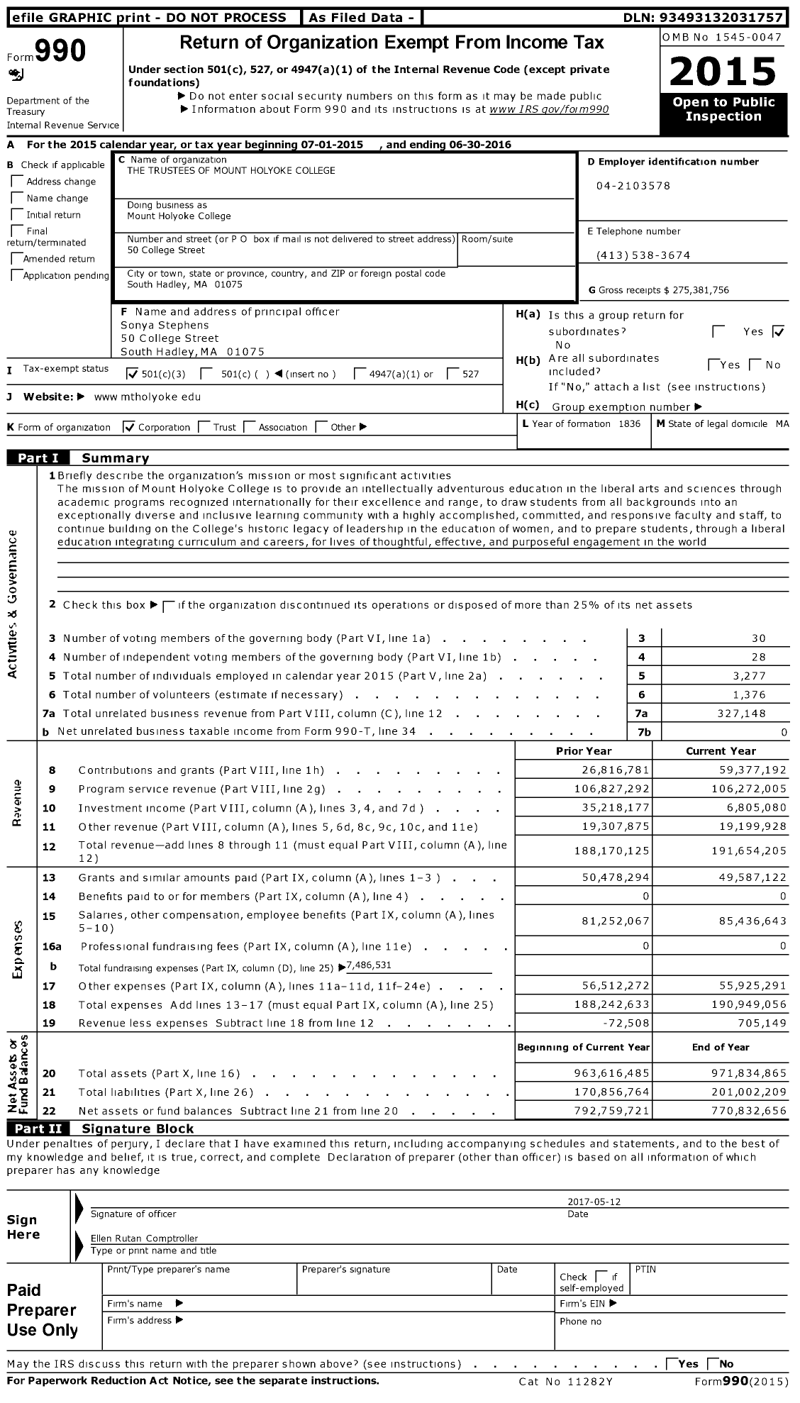 Image of first page of 2015 Form 990 for Mount Holyoke College