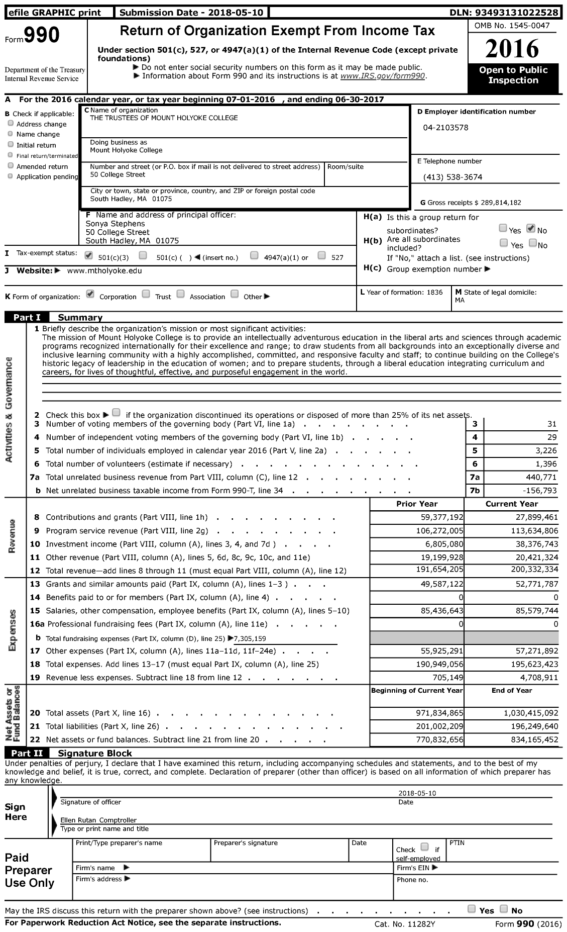 Image of first page of 2016 Form 990 for Mount Holyoke College