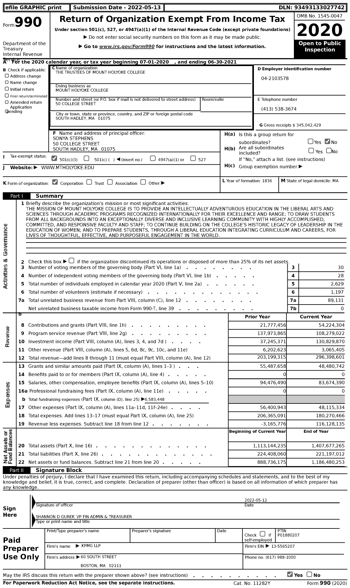 Image of first page of 2020 Form 990 for Mount Holyoke College