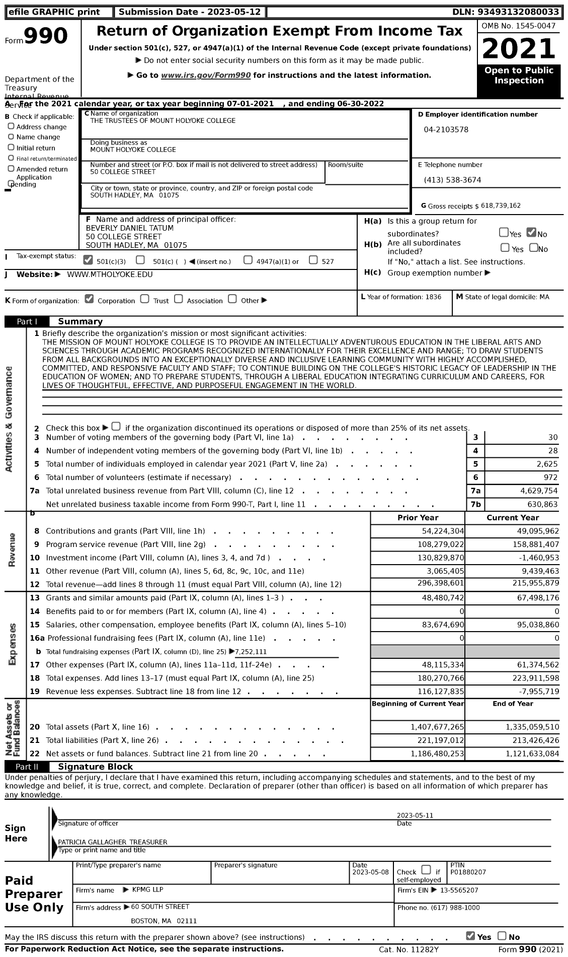 Image of first page of 2021 Form 990 for Mount Holyoke College