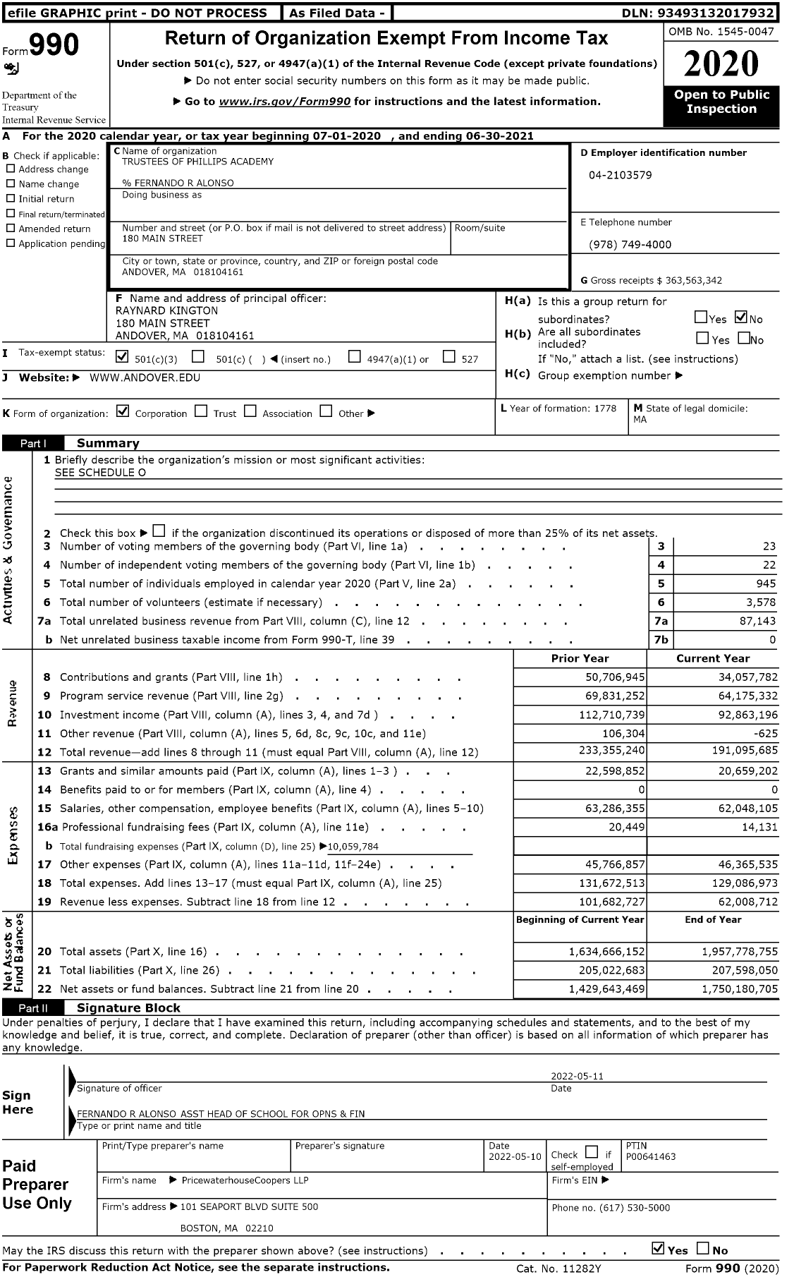 Image of first page of 2020 Form 990 for Phillips Academy