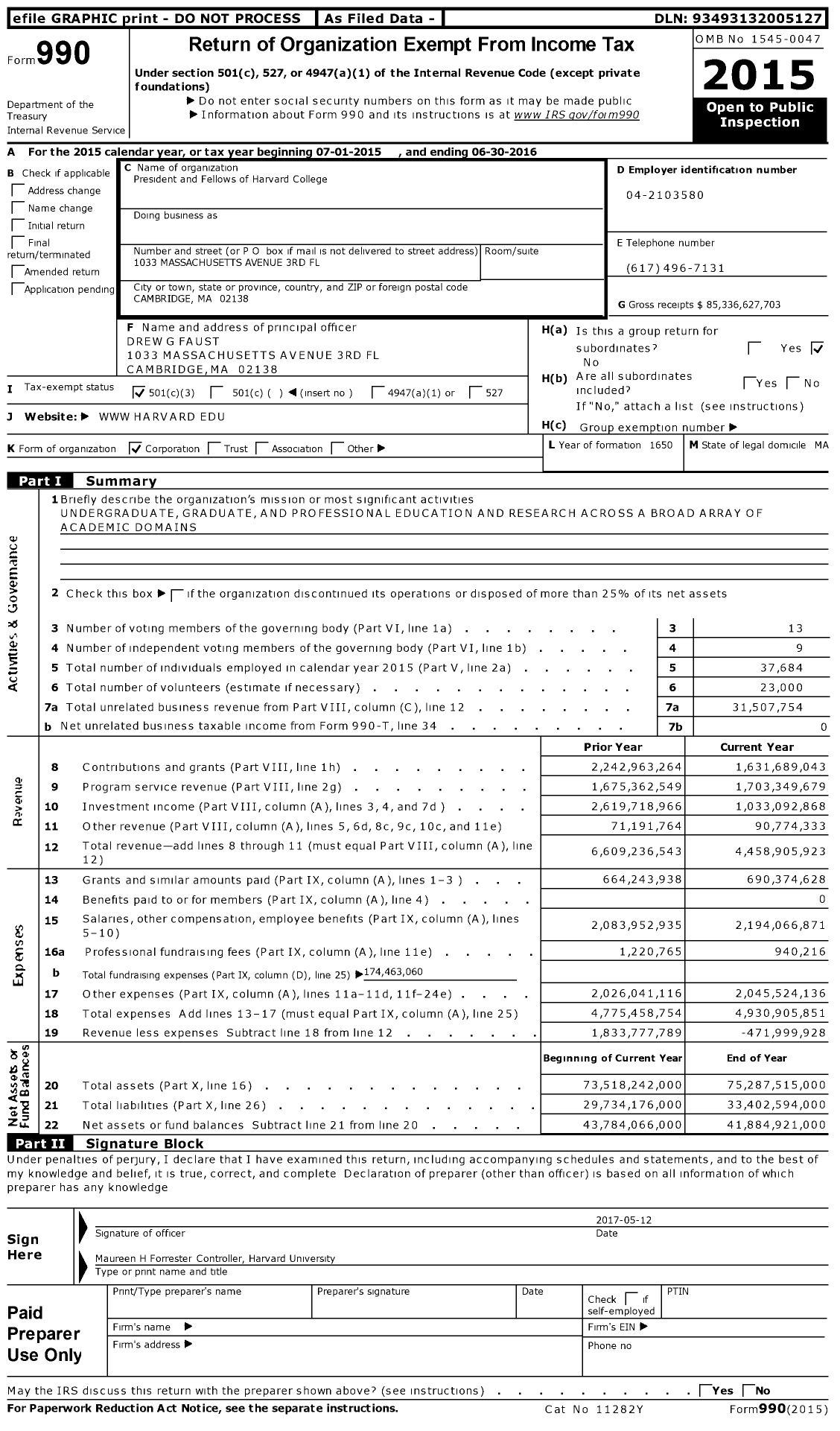 Image of first page of 2015 Form 990 for Harvard University