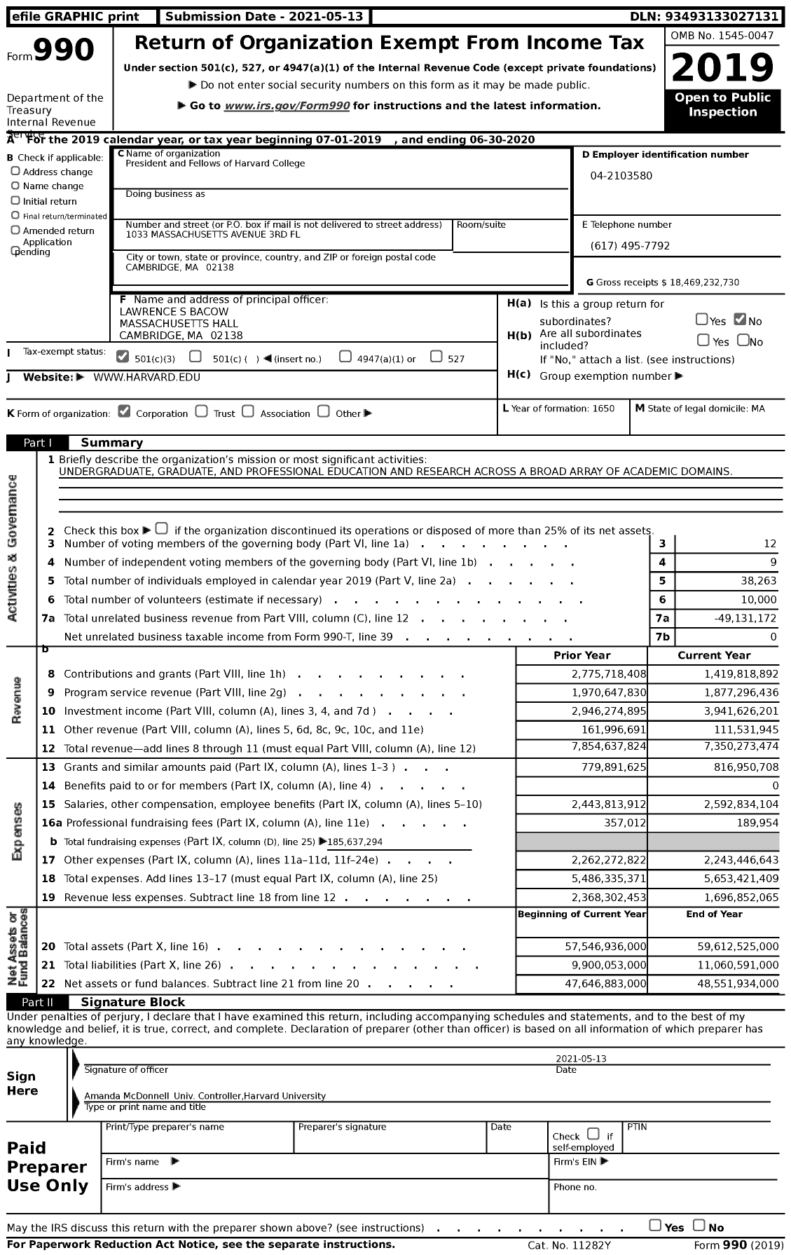 Image of first page of 2019 Form 990 for Harvard University