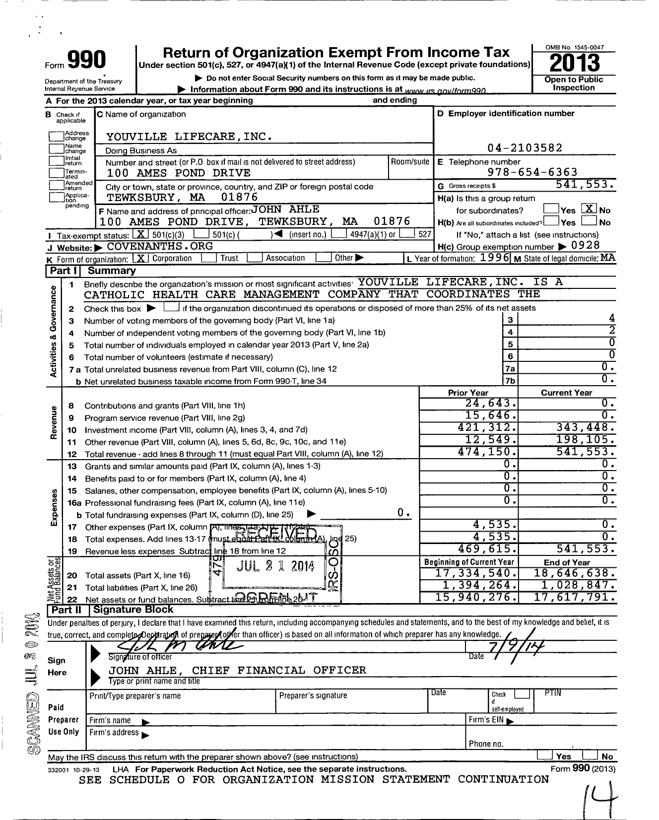 Image of first page of 2013 Form 990 for Youville Lifecare