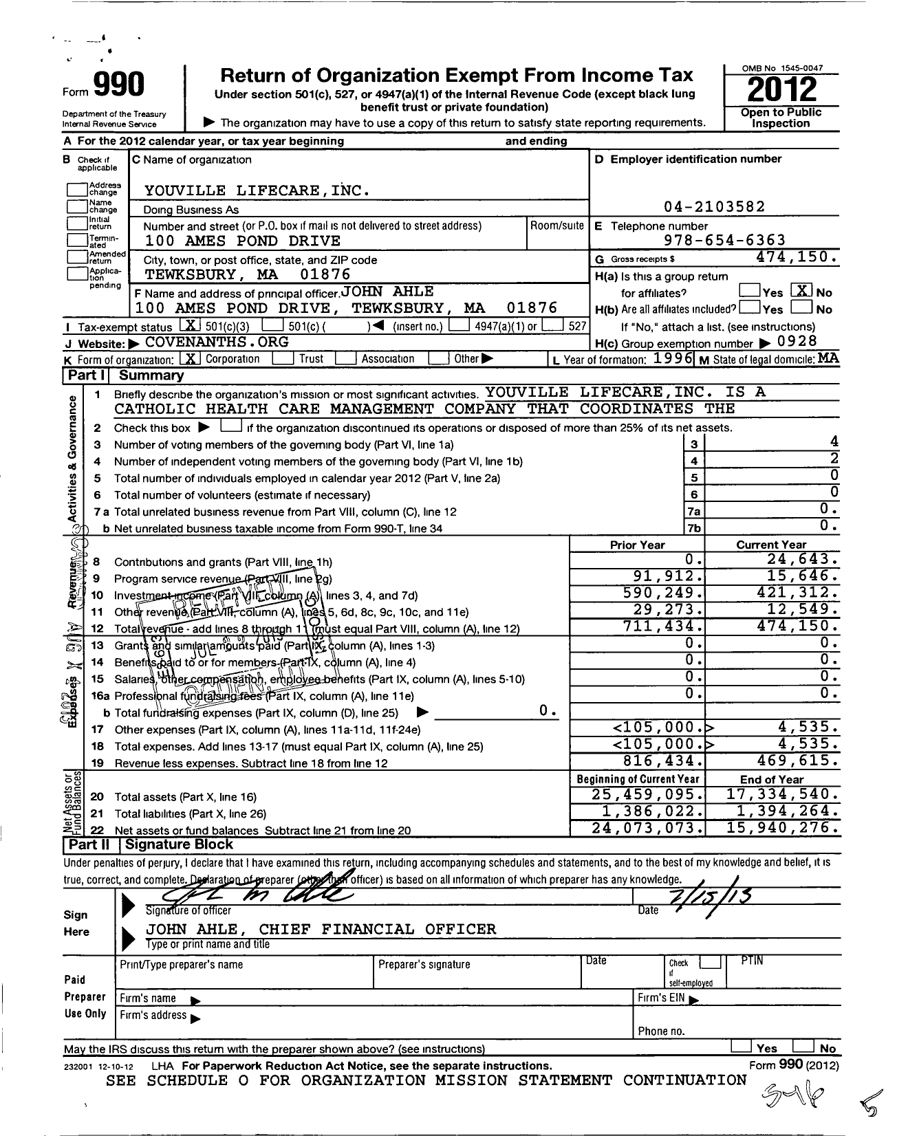 Image of first page of 2012 Form 990 for Youville Lifecare