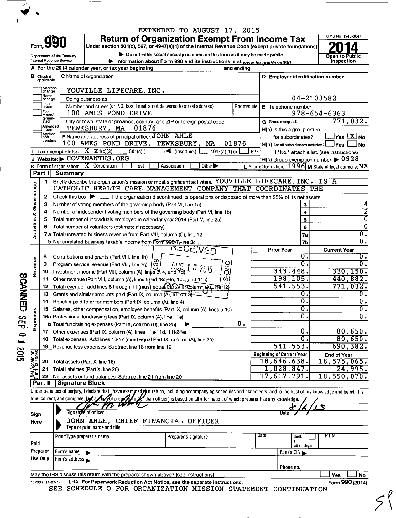 Image of first page of 2014 Form 990 for Youville Lifecare