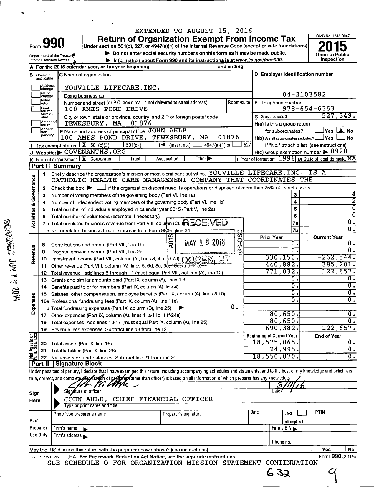 Image of first page of 2015 Form 990 for Youville Lifecare