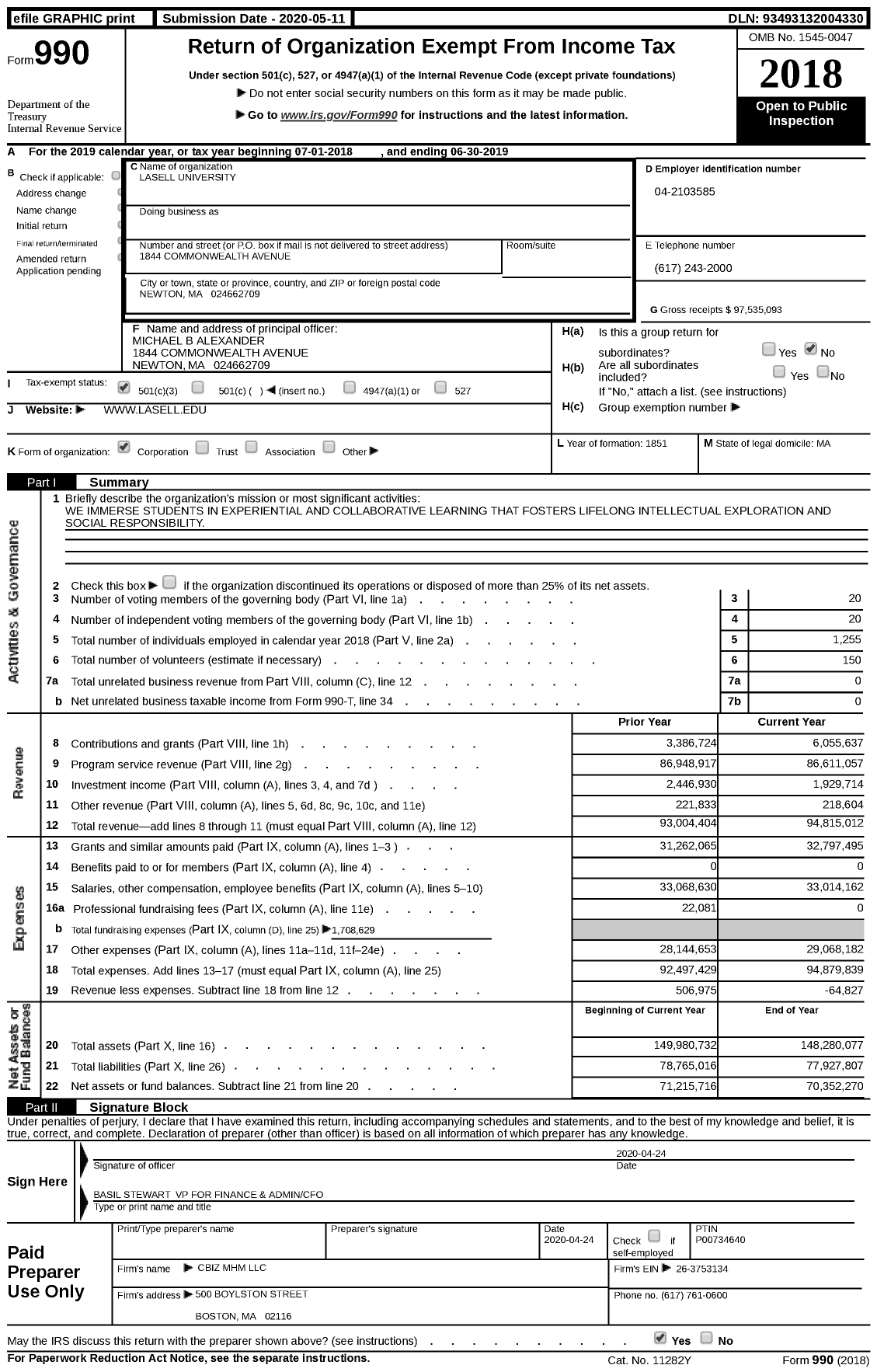 Image of first page of 2018 Form 990 for Lasell University