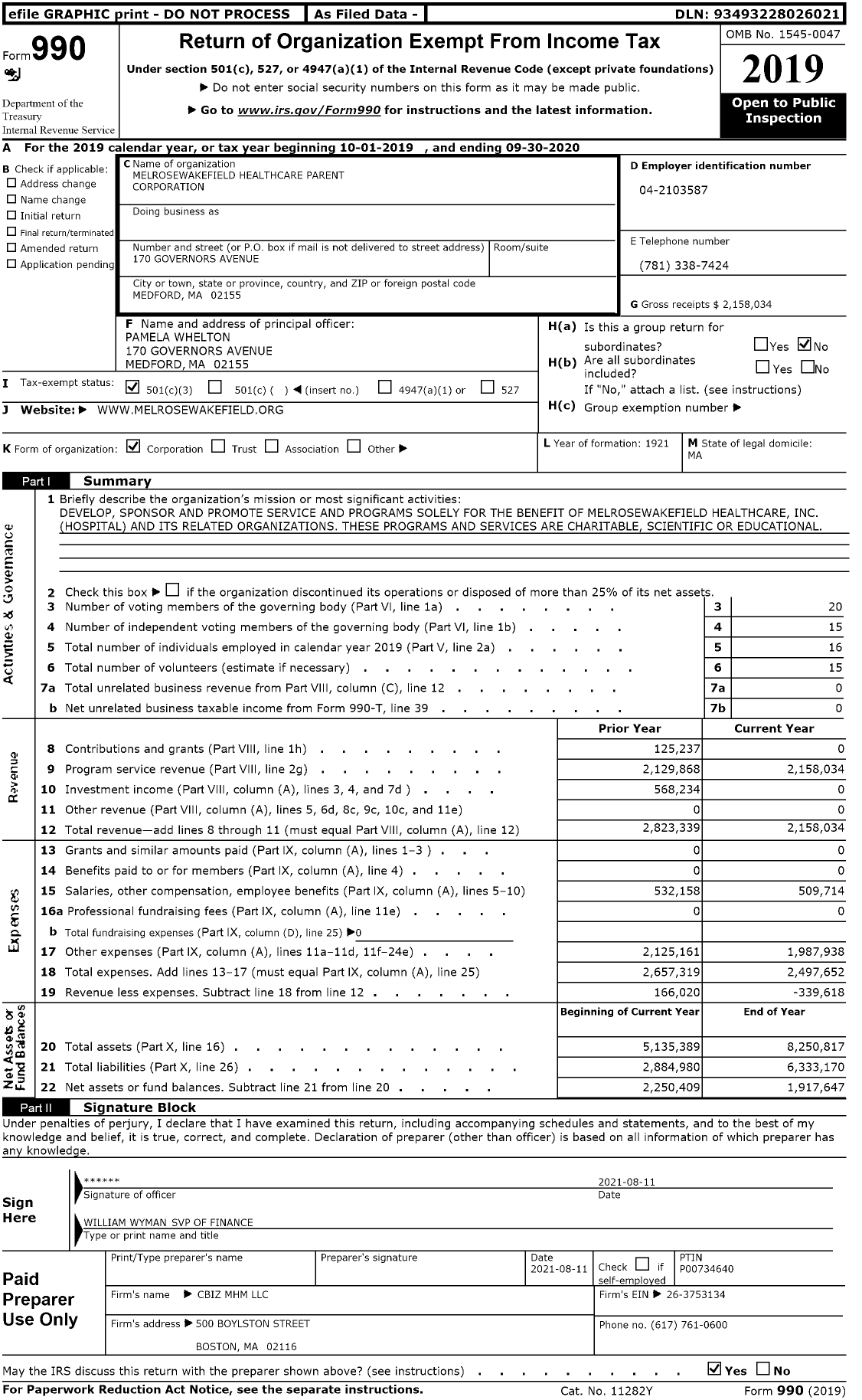 Image of first page of 2019 Form 990 for Melrosewakefield Healthcare Parent Corporation