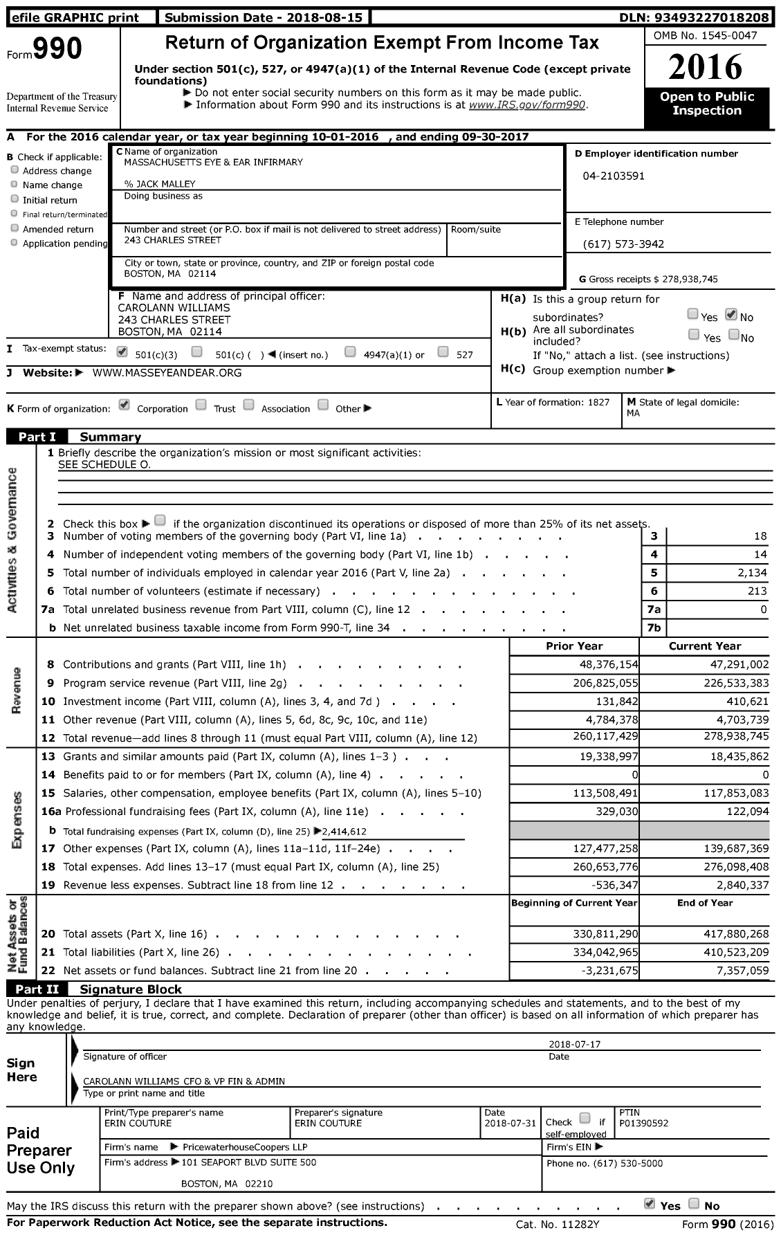 Image of first page of 2016 Form 990 for Massachusetts Eye and Ear Infirmary