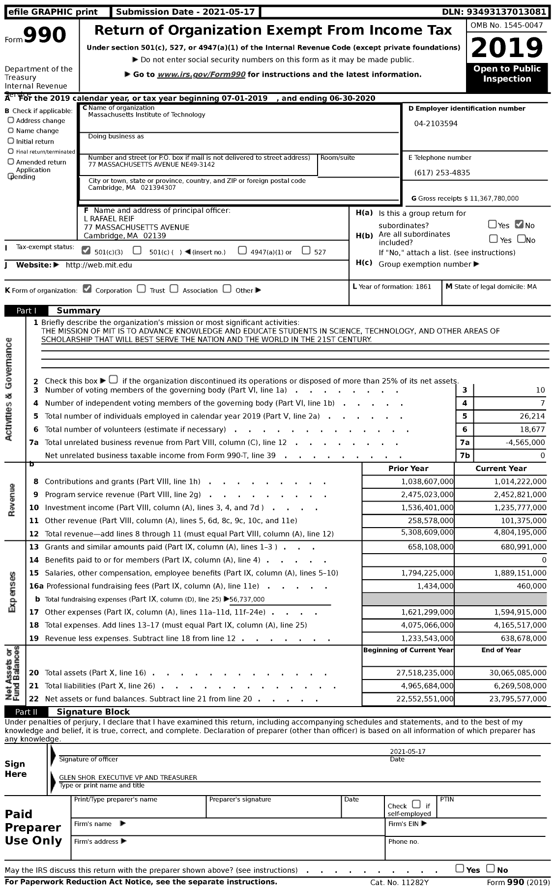 Image of first page of 2019 Form 990 for Massachusetts Institute of Technology (MIT)