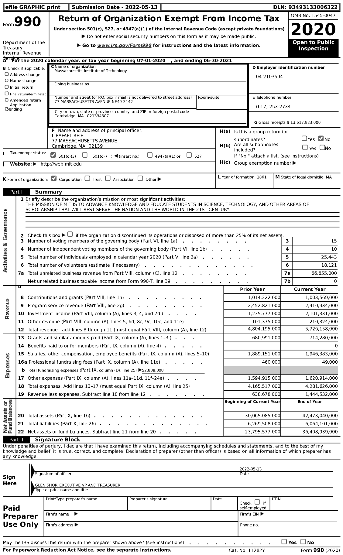Image of first page of 2020 Form 990 for Massachusetts Institute of Technology (MIT)