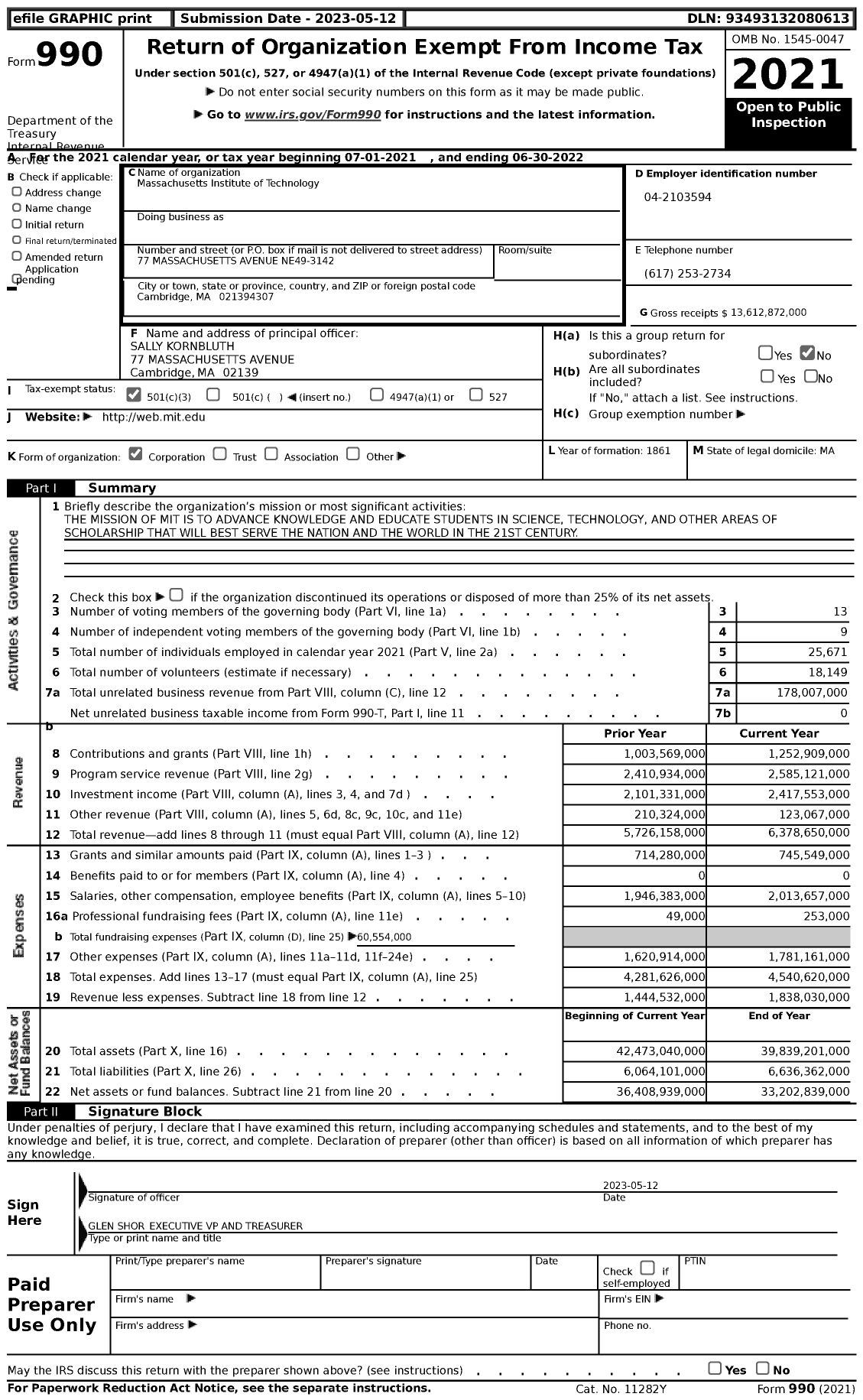 Image of first page of 2021 Form 990 for Massachusetts Institute of Technology (MIT)