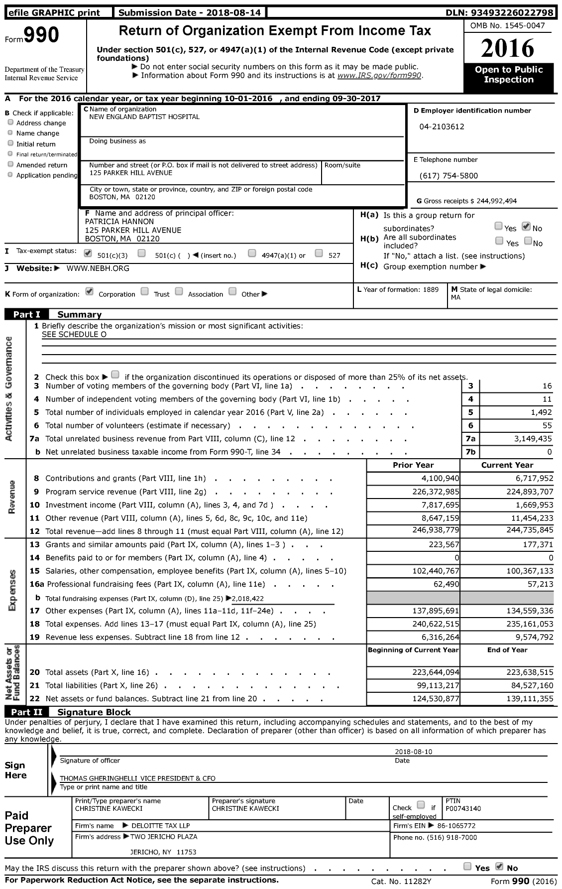 Image of first page of 2016 Form 990 for New England Baptist Hospital (NEBH)