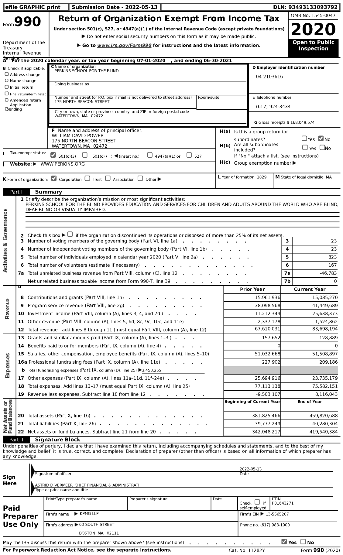Image of first page of 2020 Form 990 for Perkins School for the Blind