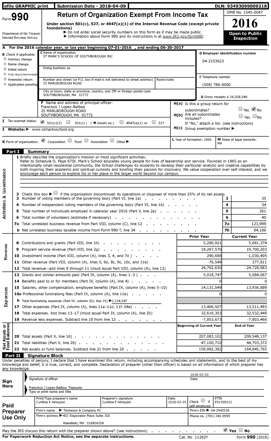 Image of first page of 2016 Form 990 for St. Mark's School