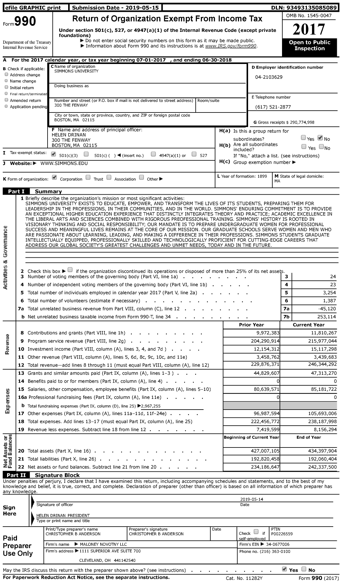 Image of first page of 2017 Form 990 for Simmons University