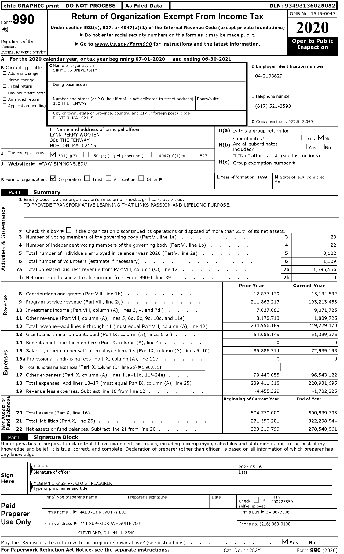 Image of first page of 2020 Form 990 for Simmons University