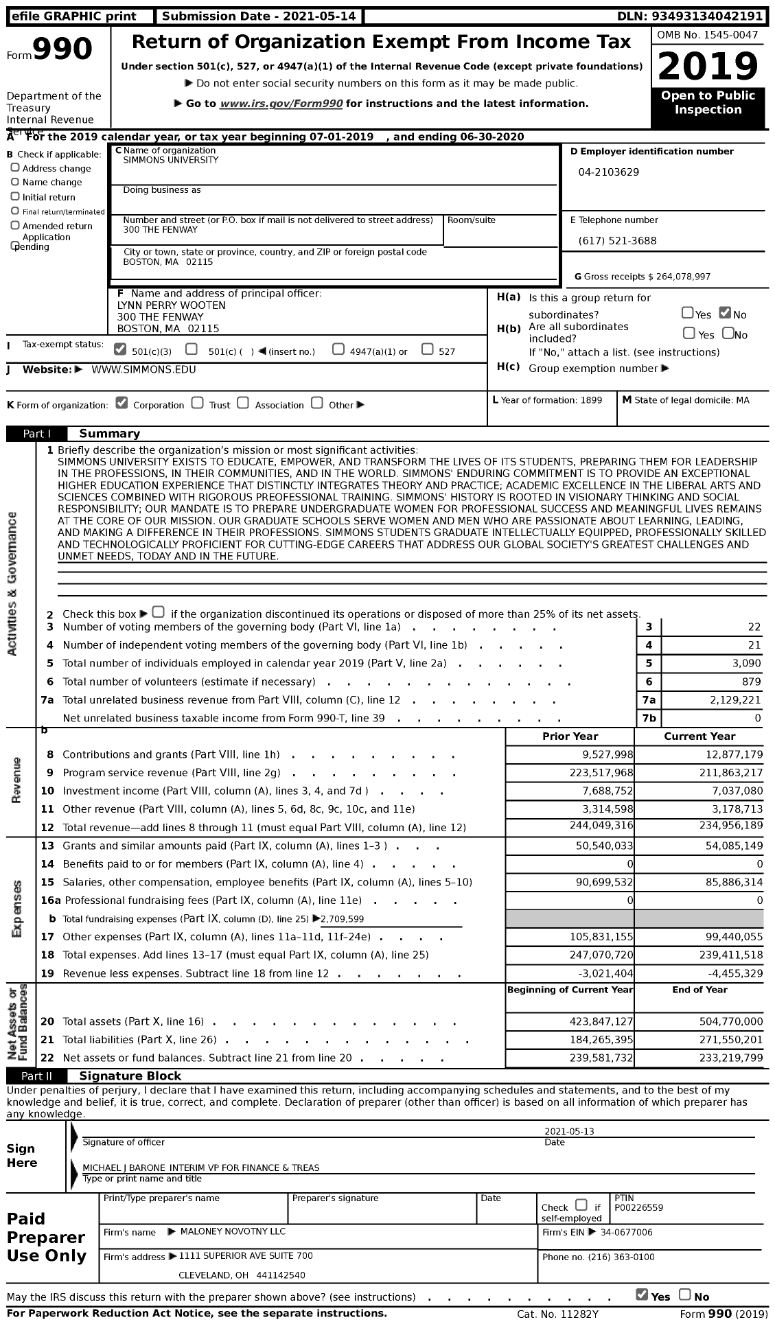 Image of first page of 2019 Form 990 for Simmons University