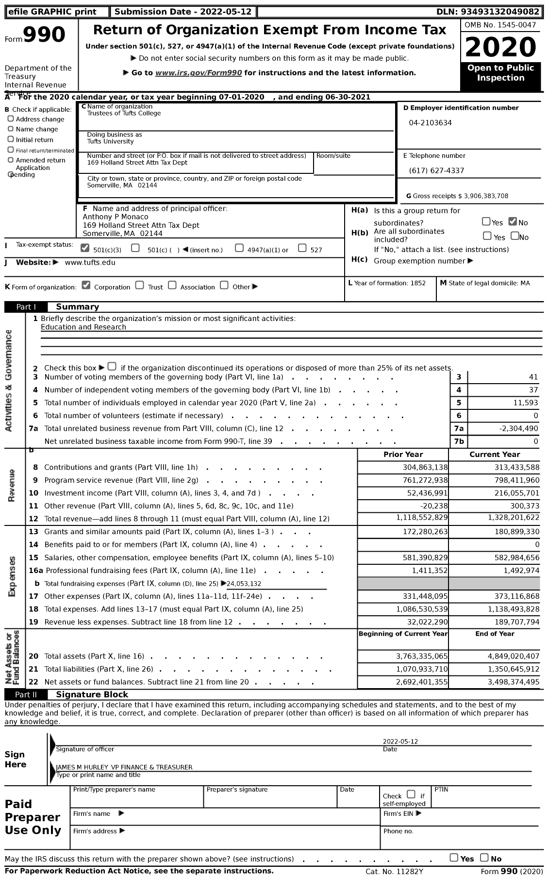 Image of first page of 2020 Form 990 for Tufts University