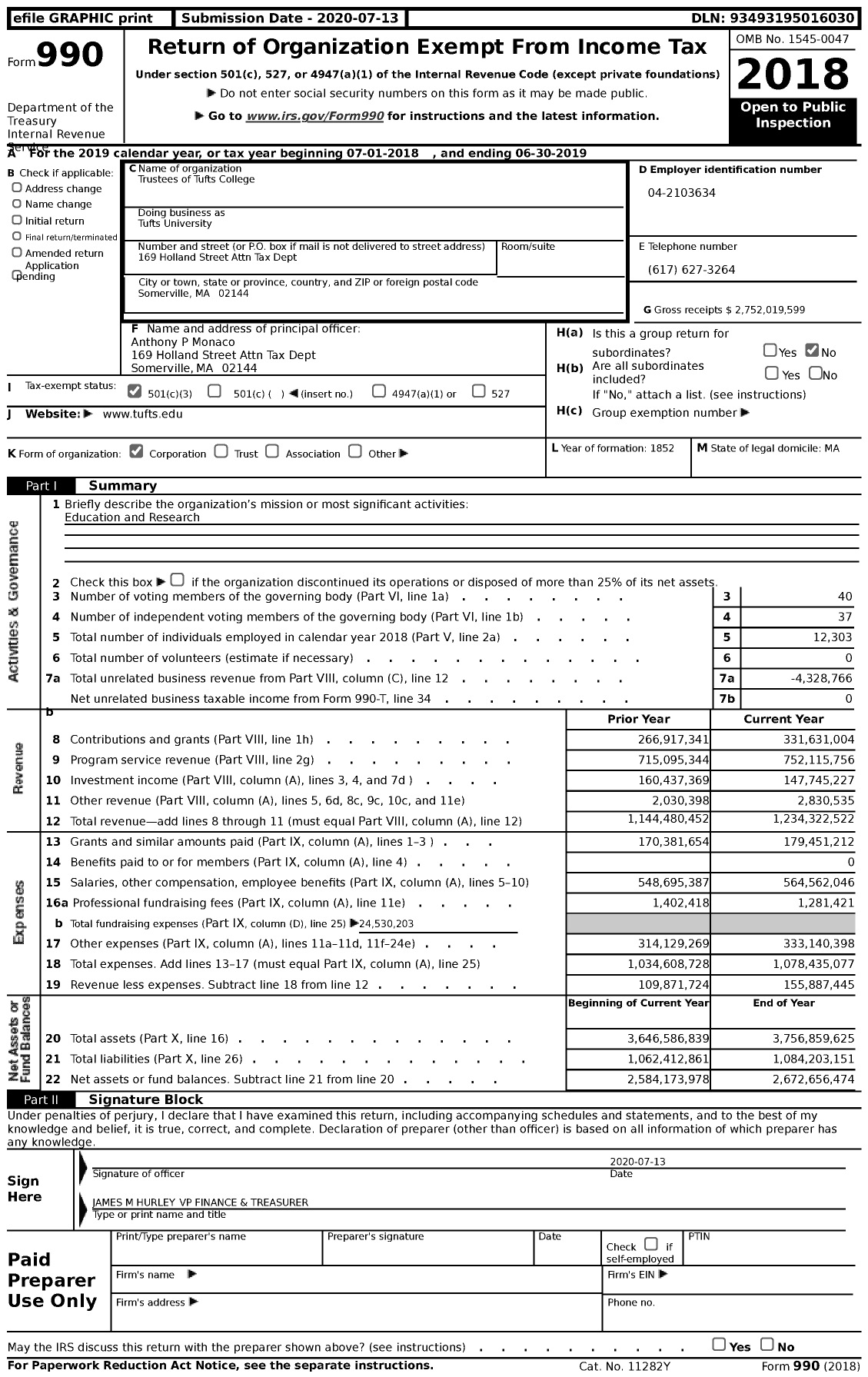 Image of first page of 2018 Form 990 for Tufts University