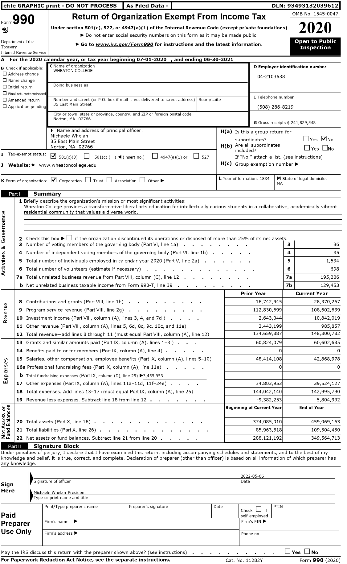 Image of first page of 2020 Form 990 for Wheaton College