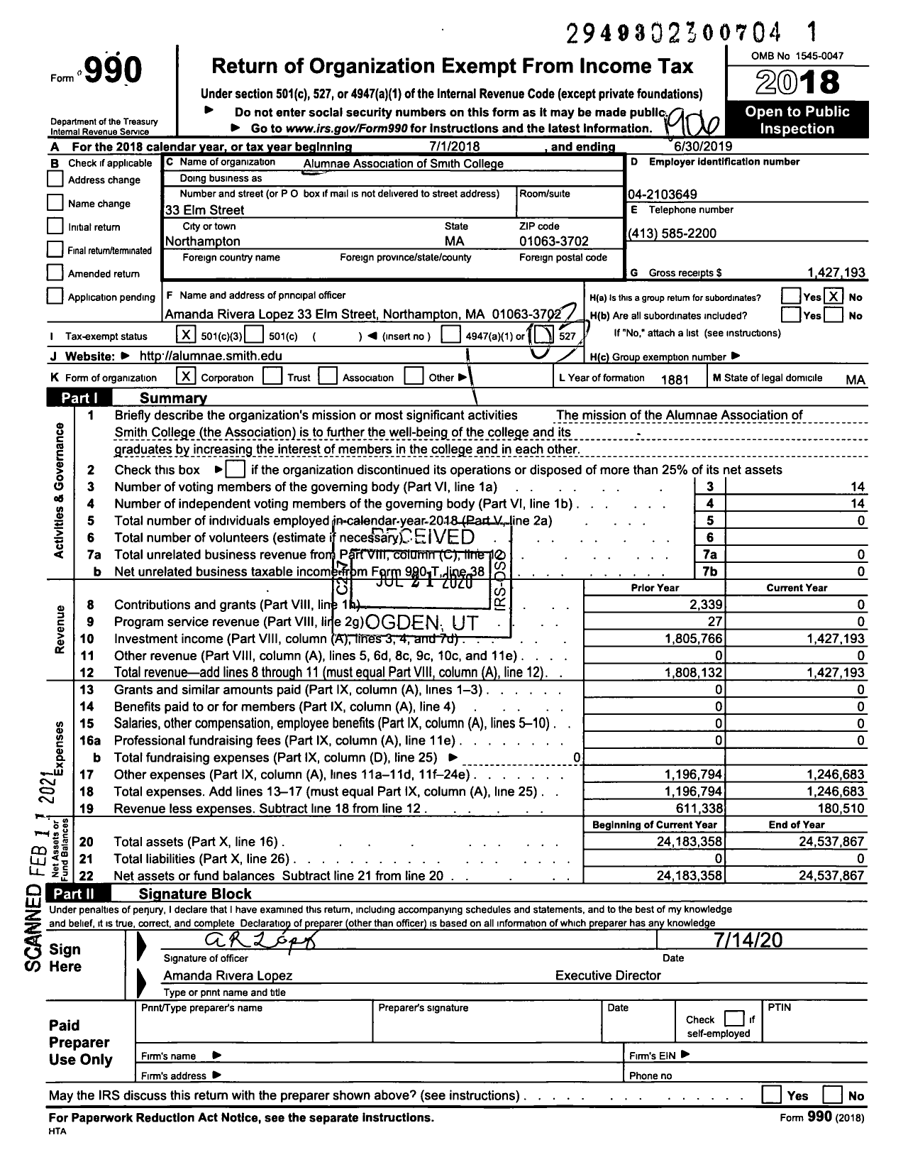 Image of first page of 2018 Form 990 for Alumnae Association of Smith College