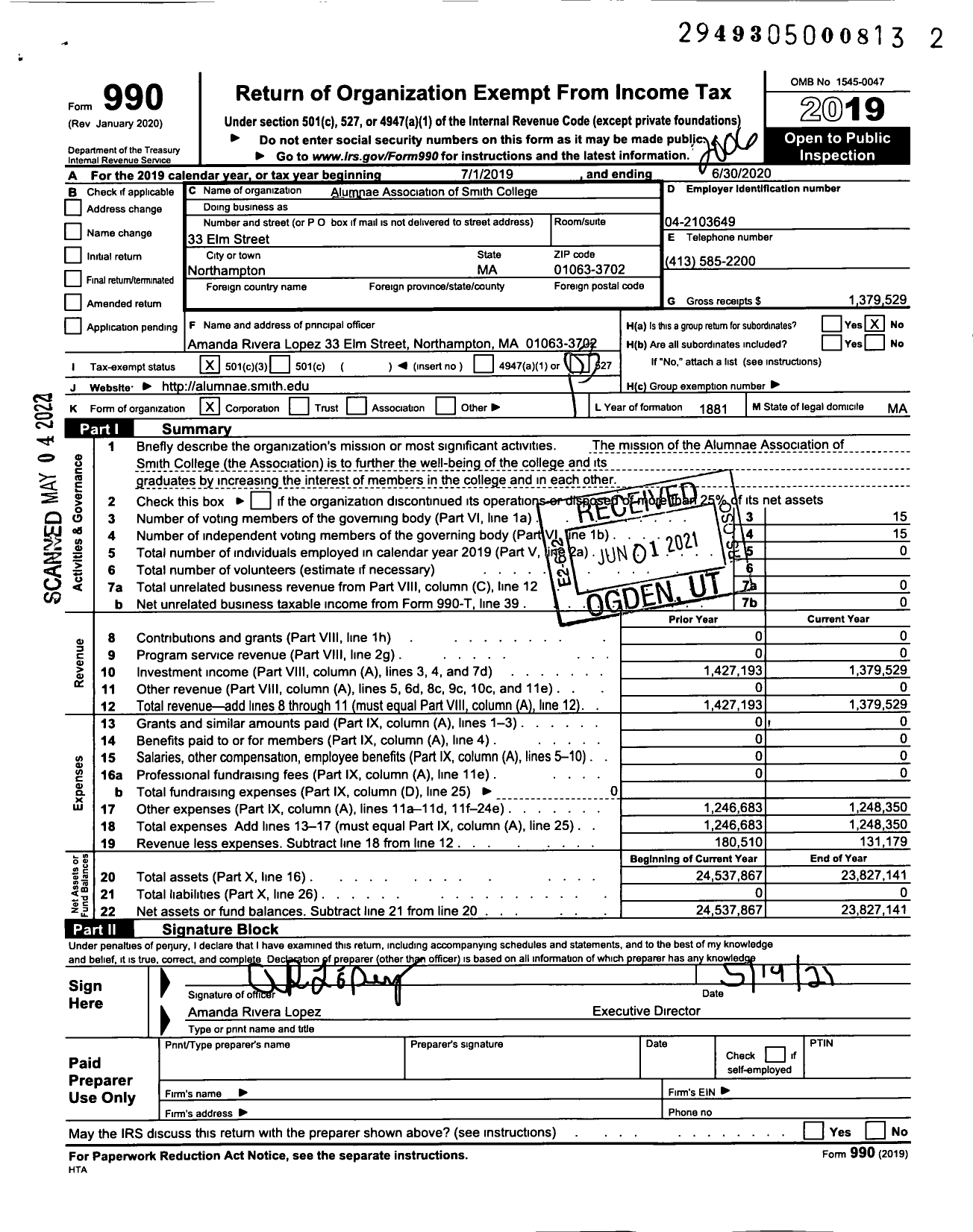 Image of first page of 2019 Form 990 for Alumnae Association of Smith College