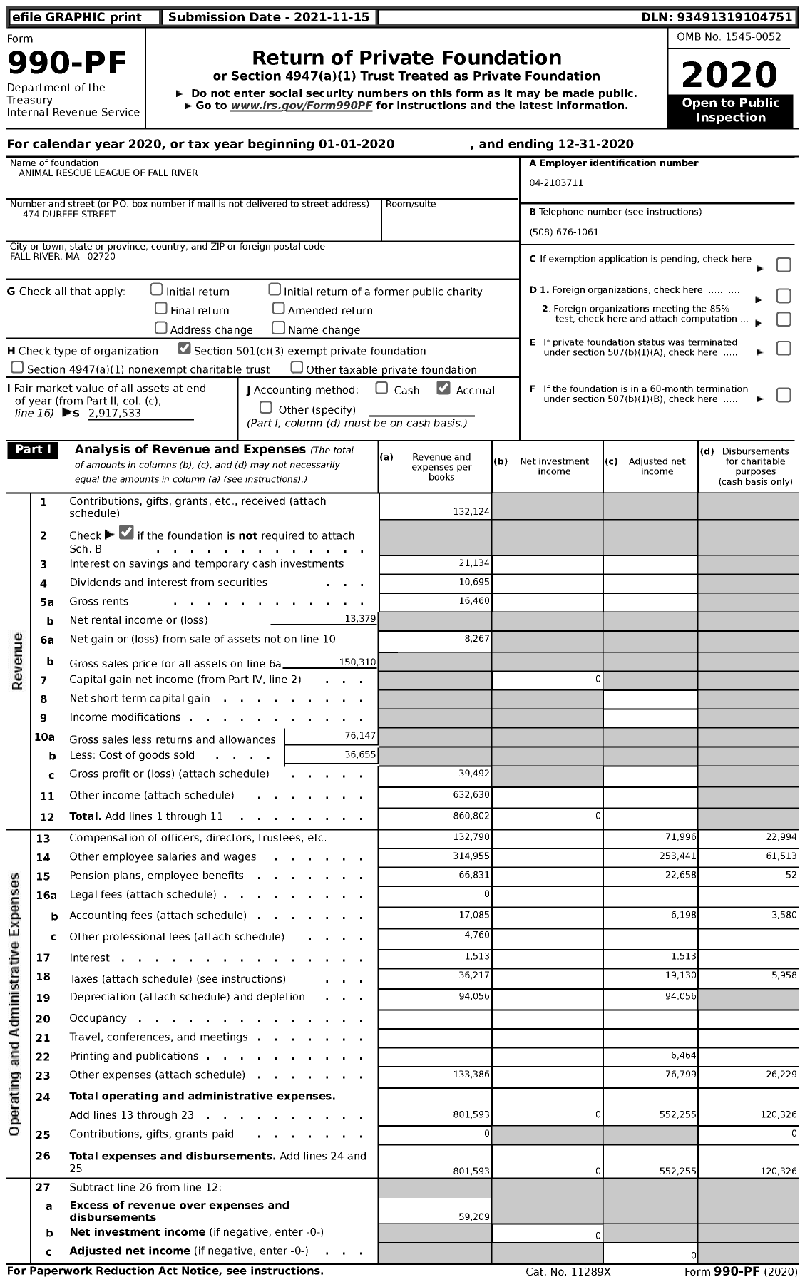 Image of first page of 2020 Form 990PF for Animal Rescue League of Fall River