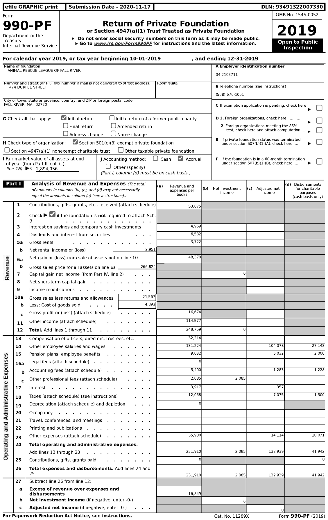 Image of first page of 2019 Form 990PF for Animal Rescue League of Fall River